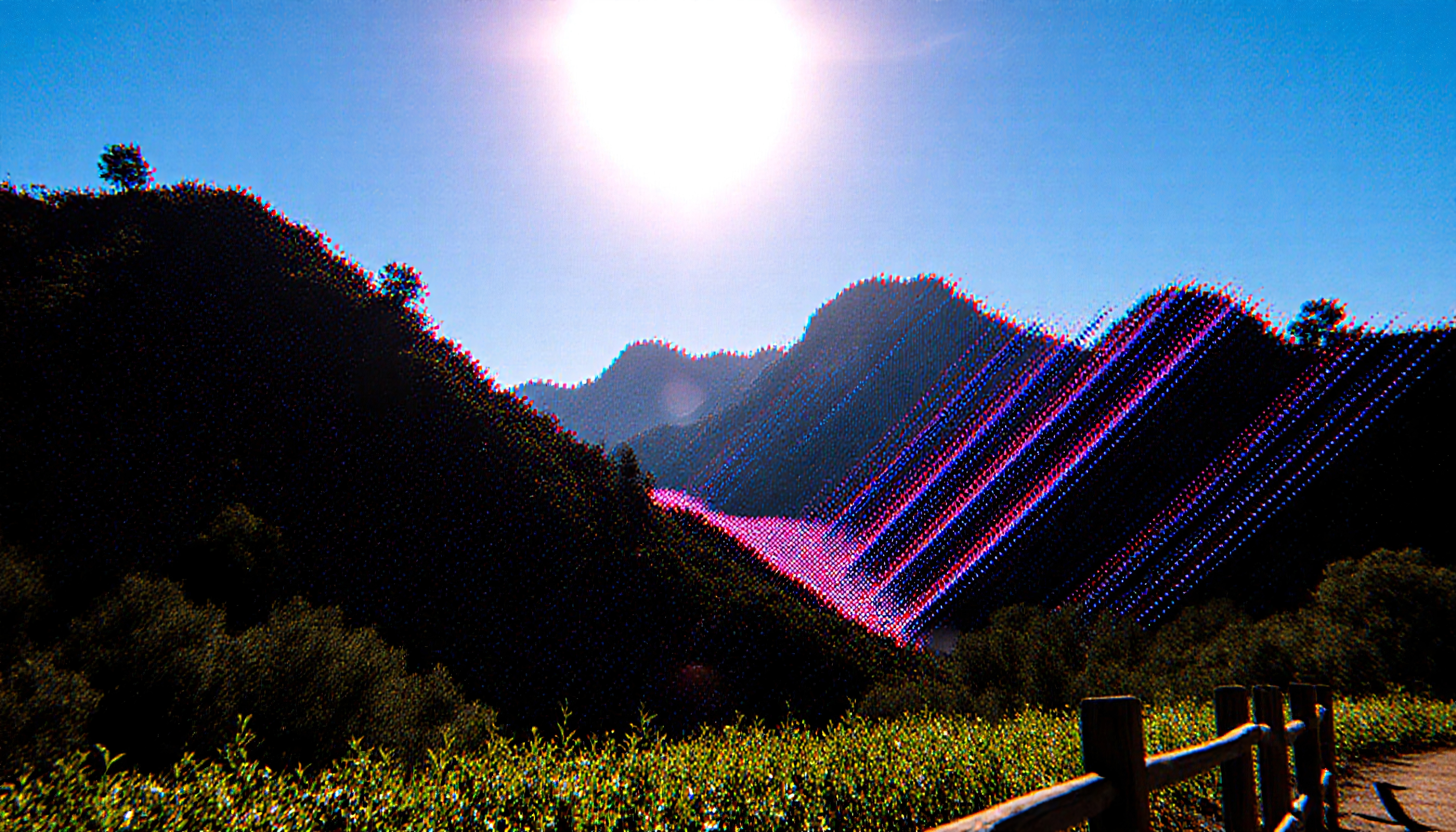 Abstract landscape art with digital glitch effect showcasing mountains and vibrant scenery.