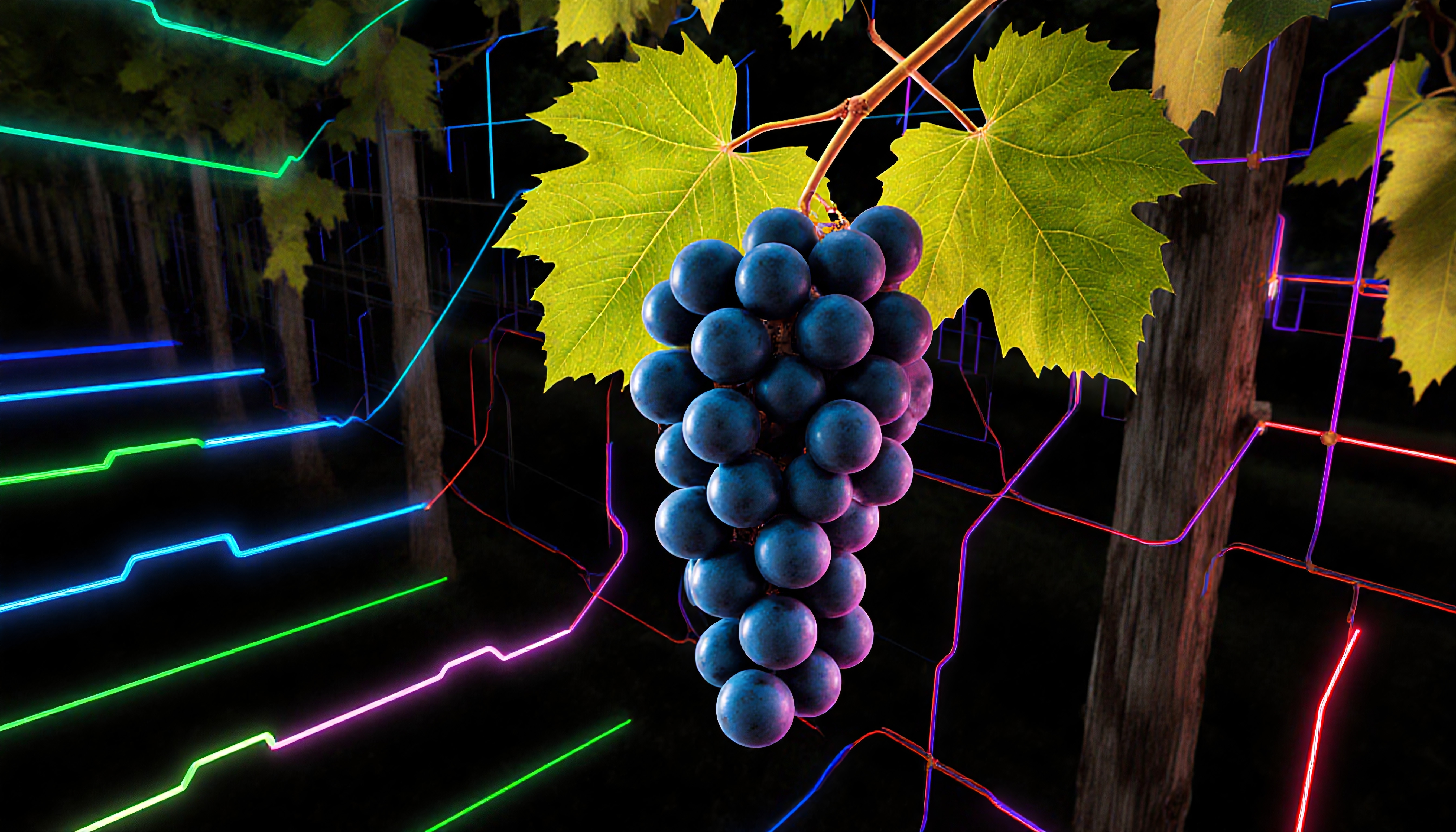 A vibrant bunch of grapes hanging amidst colorful neon lights in a vineyard setting, blending nature and technology.
