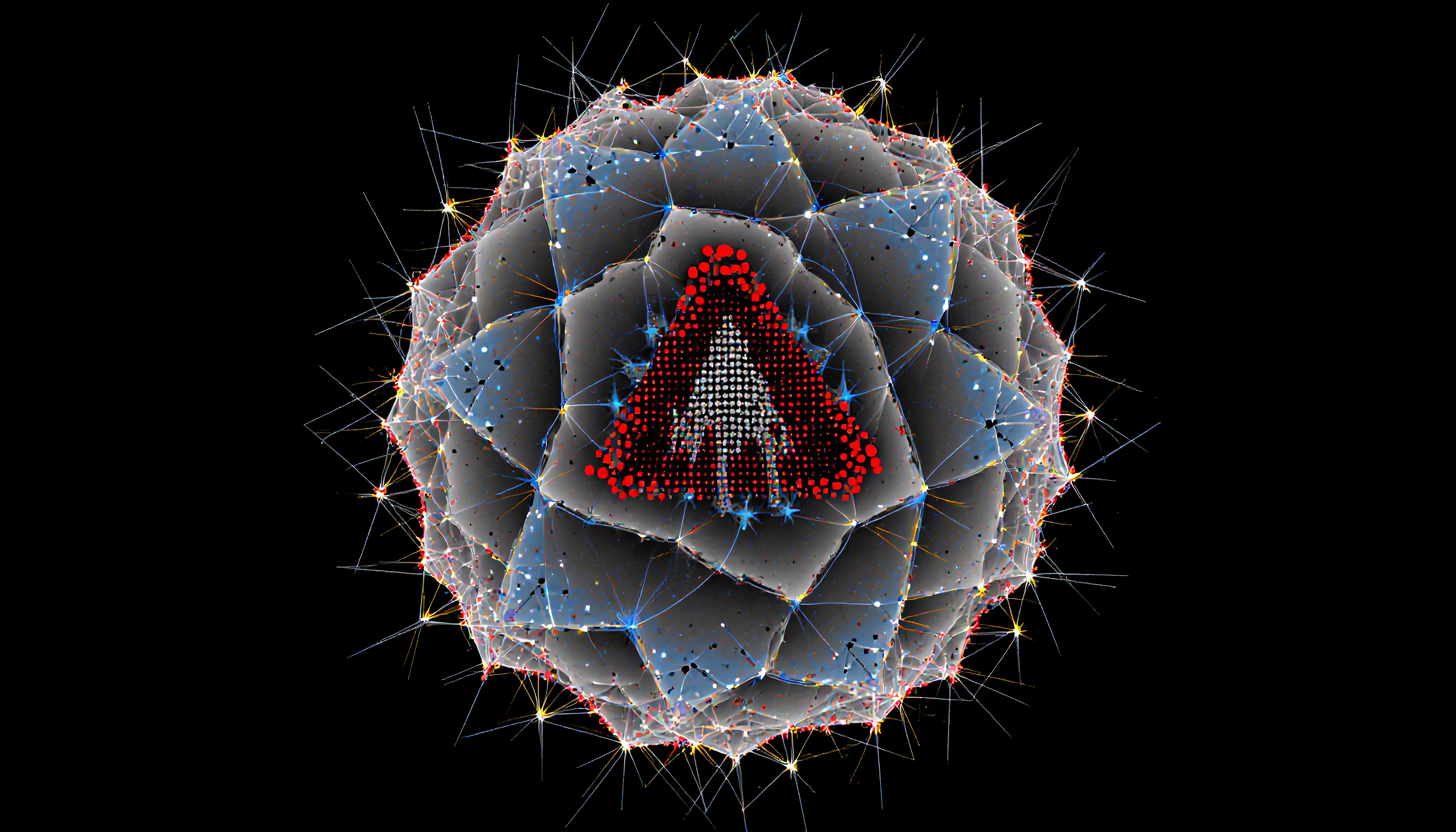 Abstract Geometric Digital Sphere with Red Triangle Accent