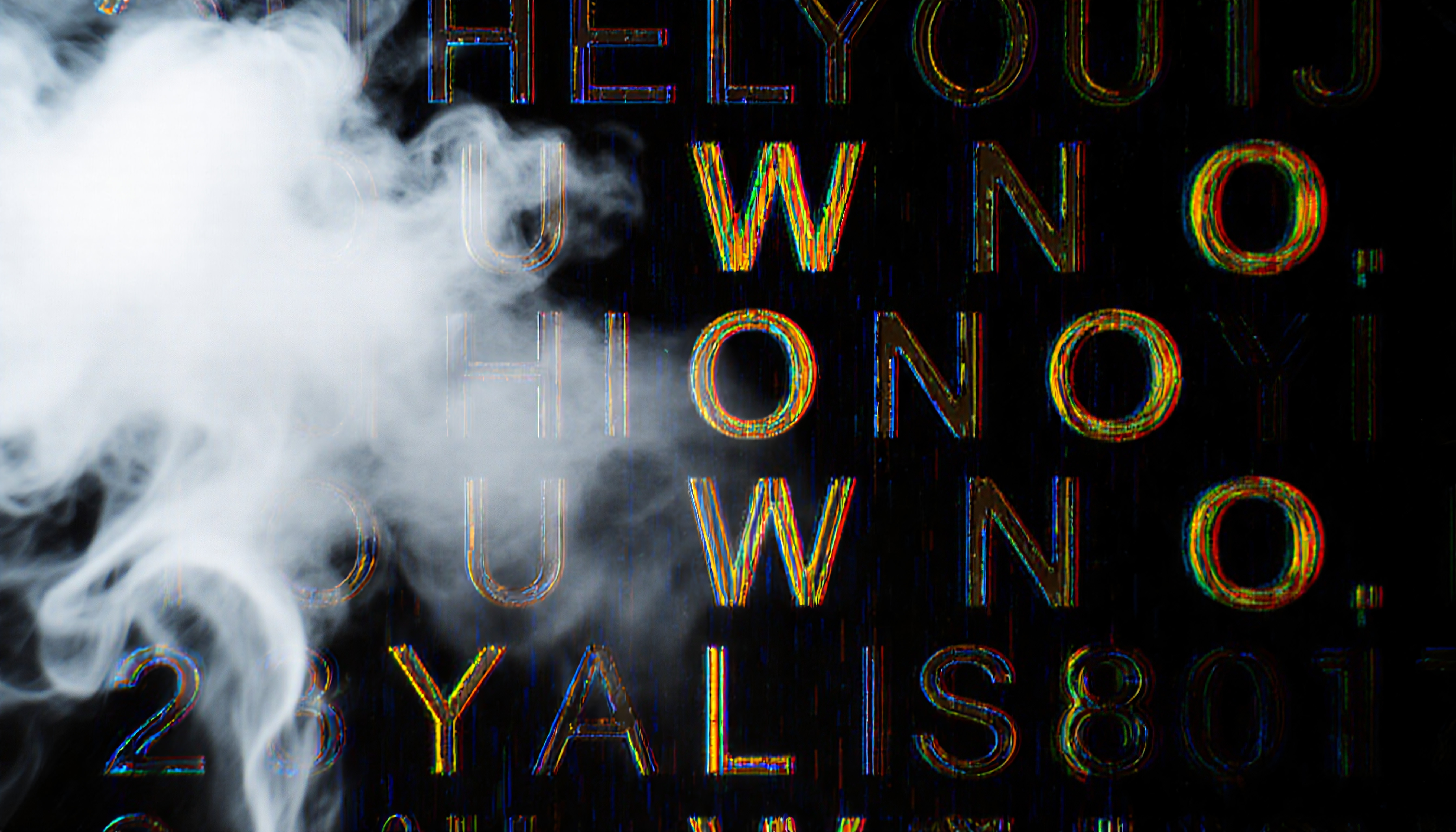 Colorful glitch text partially obscured by swirling white smoke on a black background.