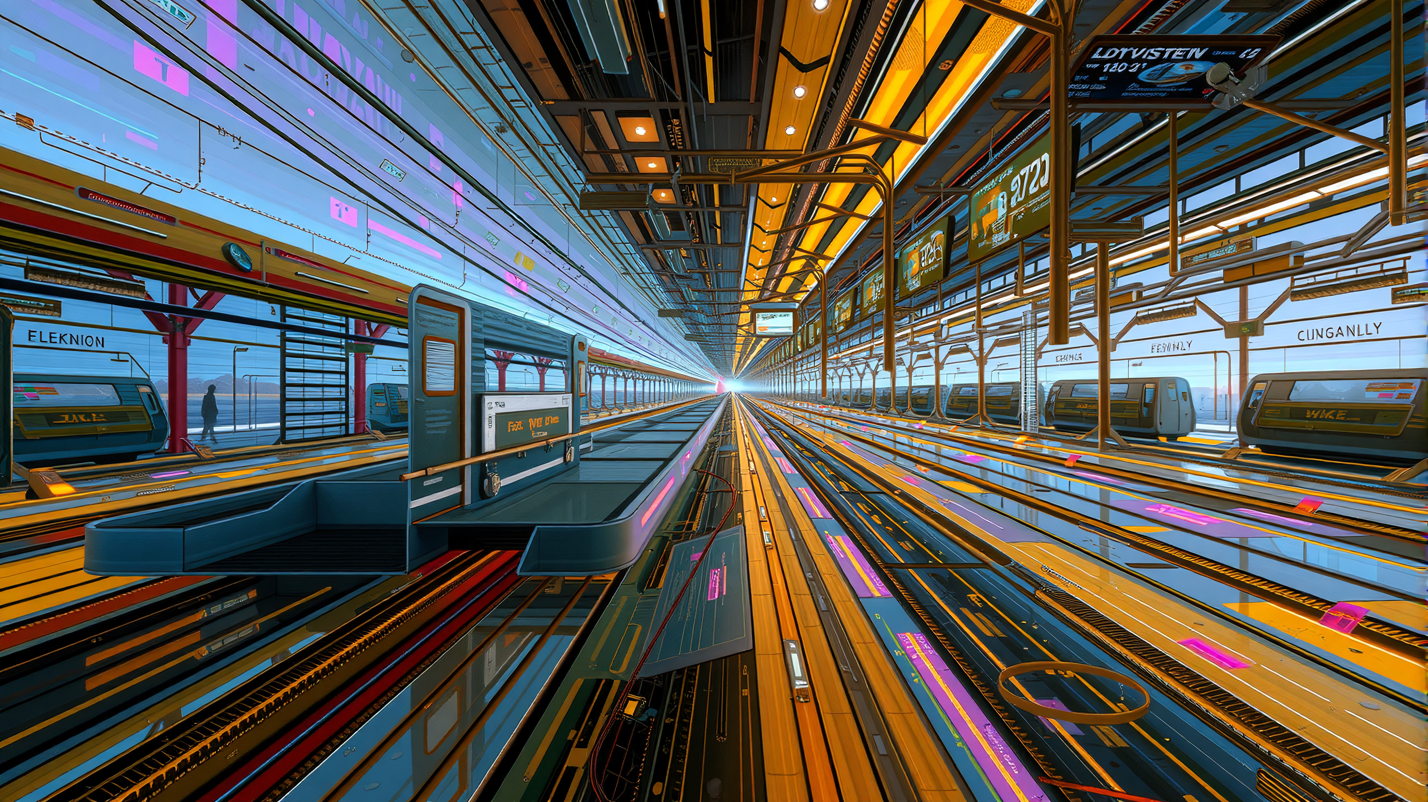 Futuristic Metro Station with Multi-Track Layout and Neon Lighti