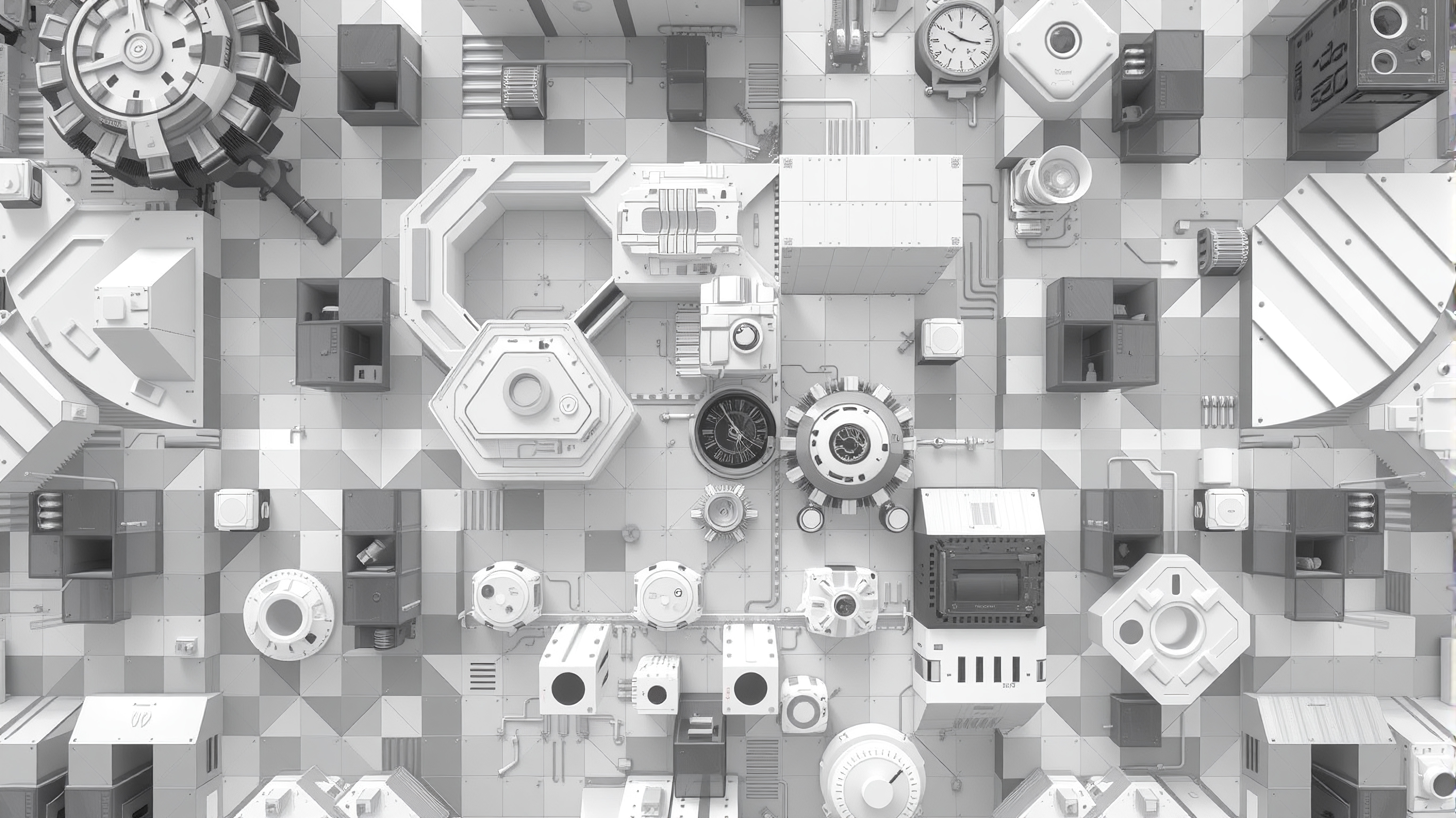Futuristic 3D mechanical grid design with monochrome industrial components, gears, clocks, and geometric patterns on a checkered background