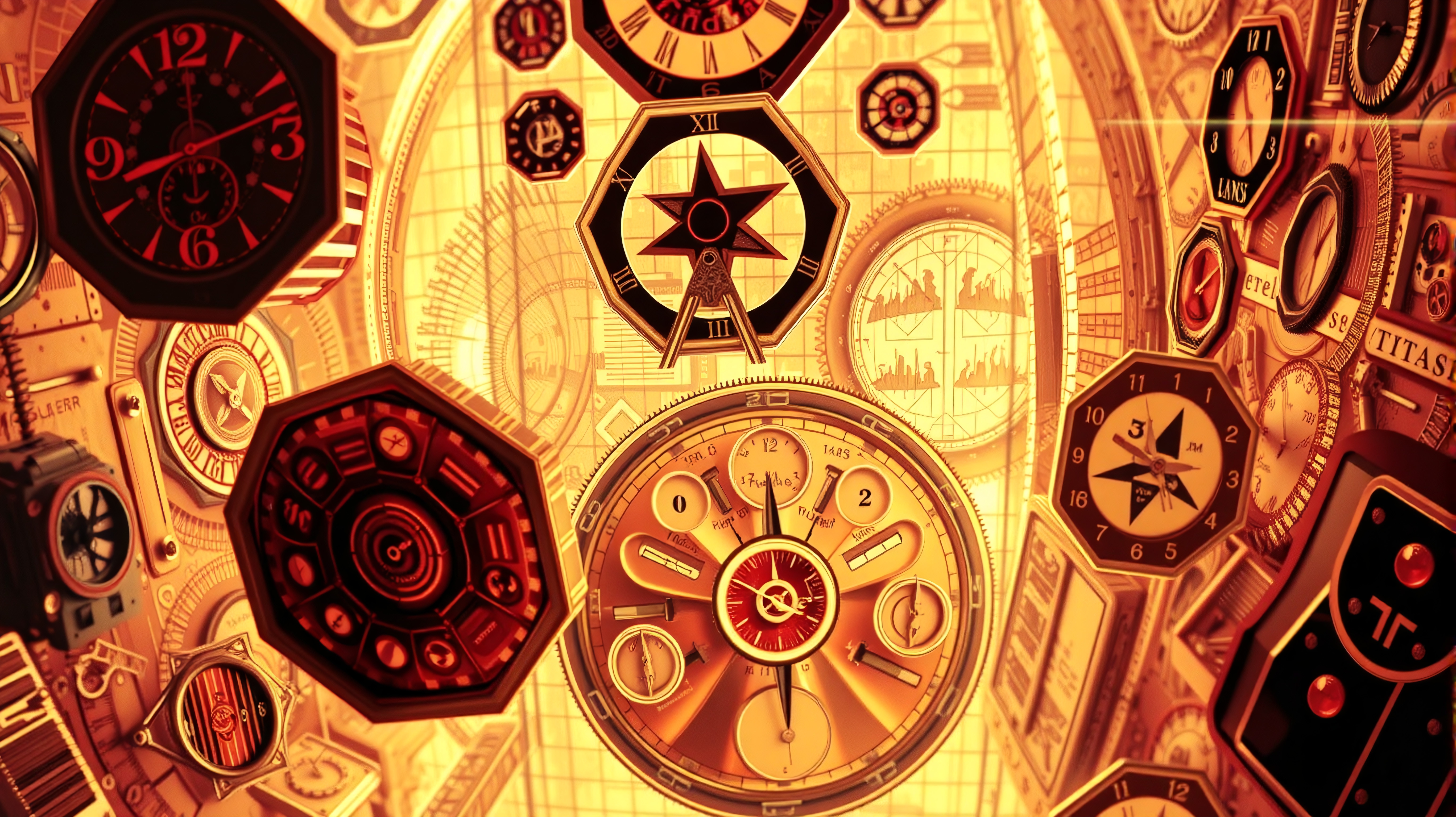 A steampunk-themed illustration of intricately designed clocks with gears and Roman numerals in a golden hue backdrop.