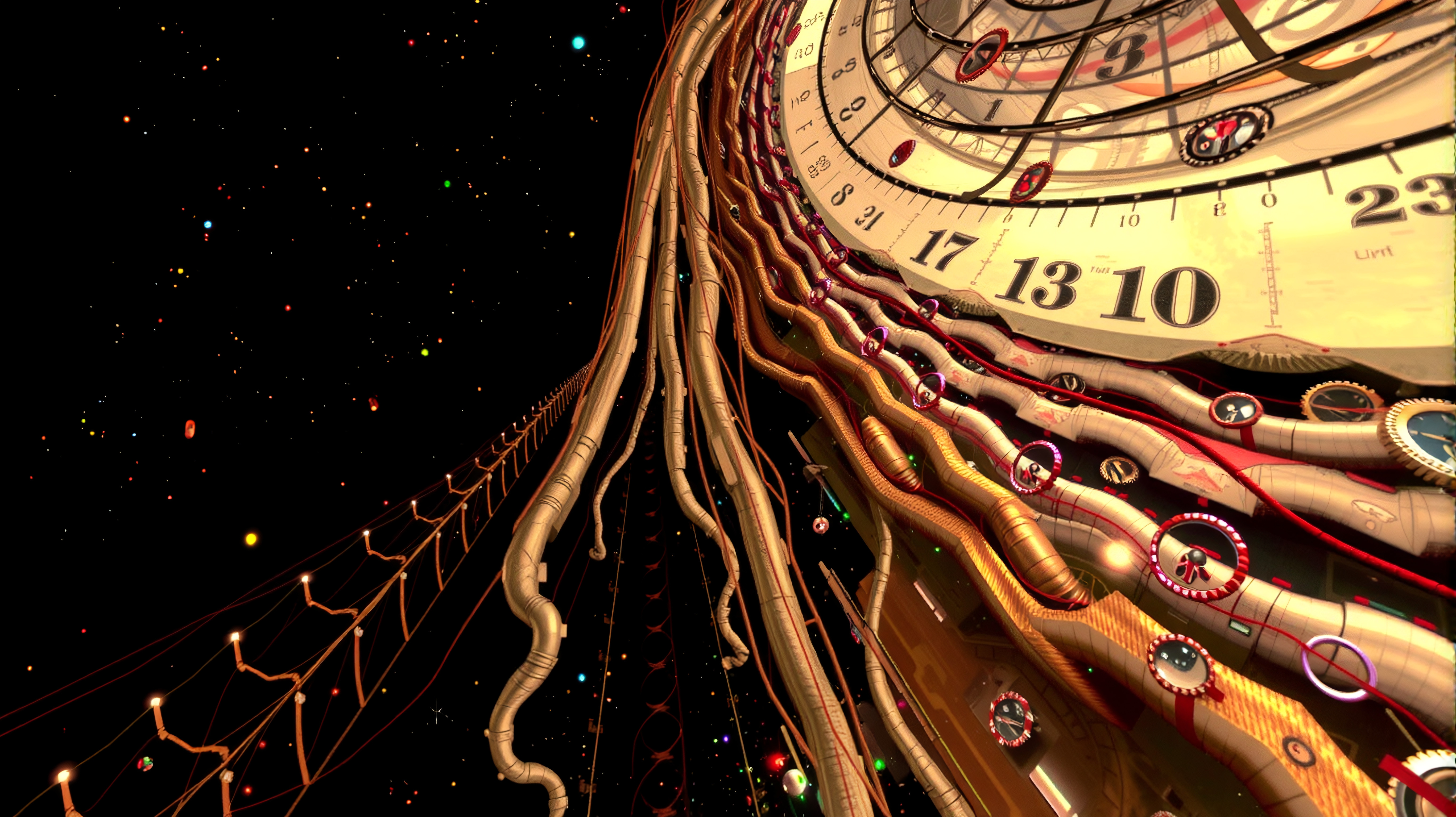 Abstract clock blending time and space in a cosmic, surreal manner.