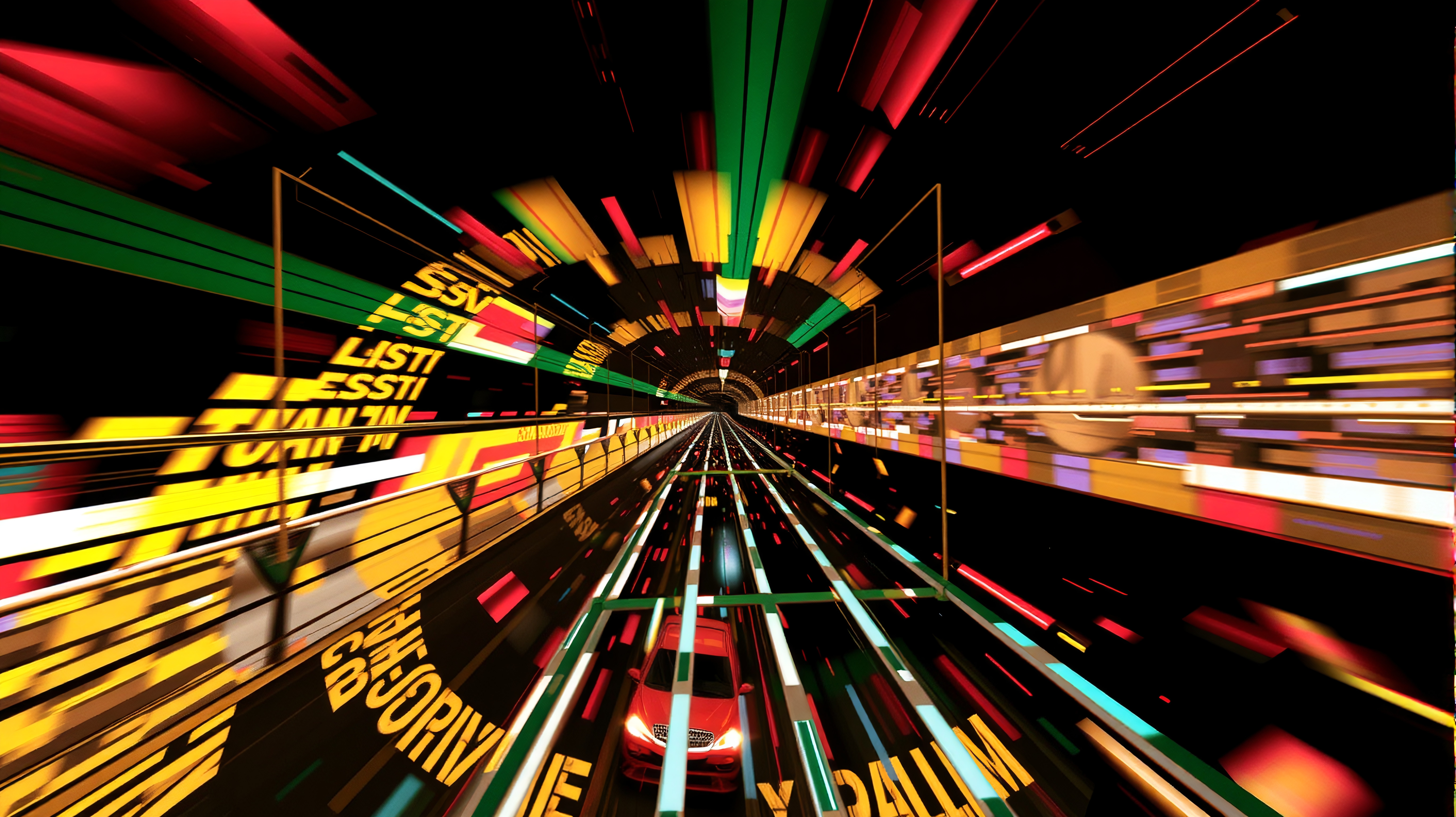 This image depicts a futuristic tunnel with vibrant, colorful lights and graphics, creating an immersive visual experience.
