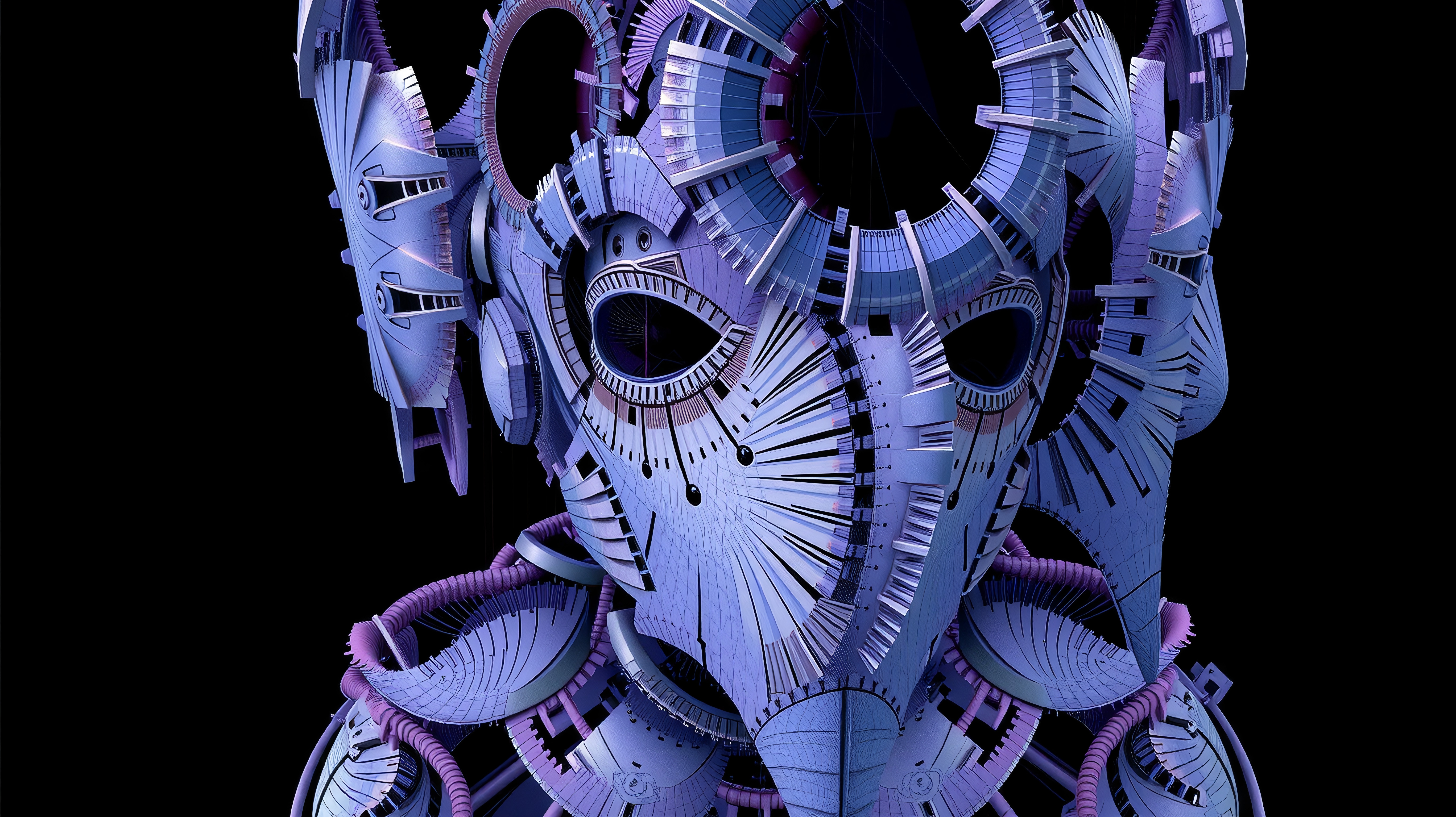 A futuristic robotic mask with intricate geometric designs in purple and blue hues.