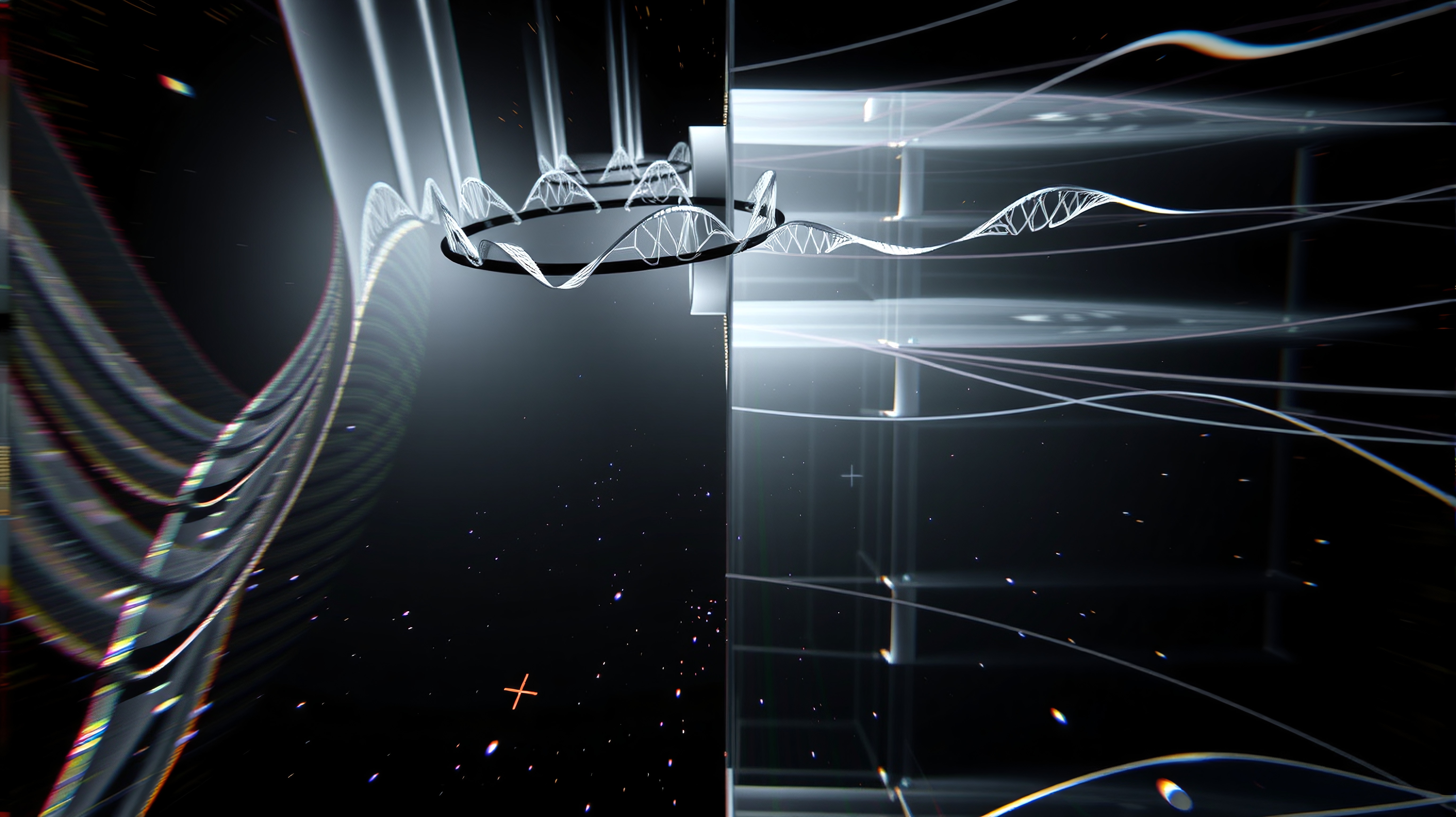Futuristic abstract DNA helix with cosmic background.