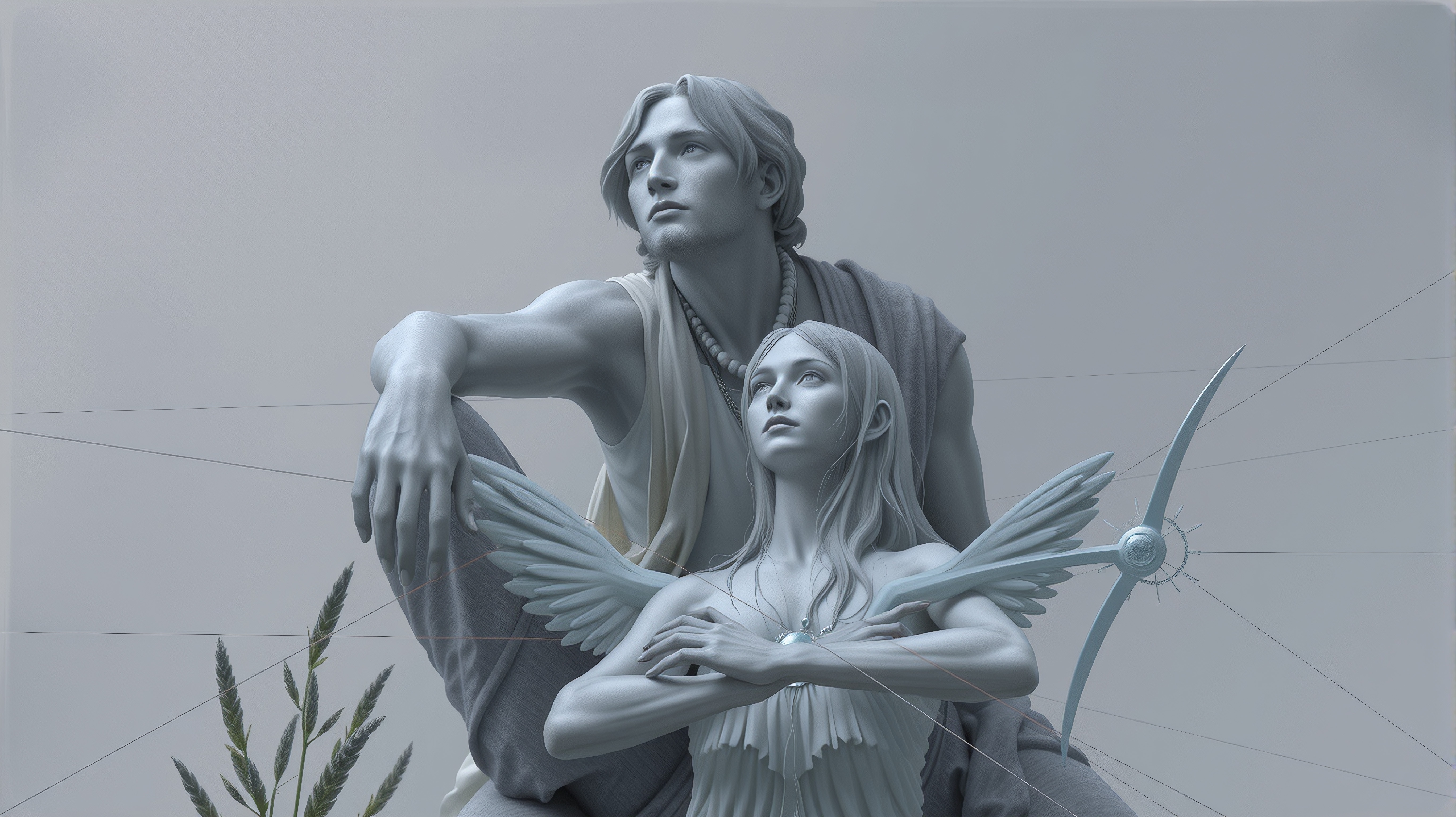 Image of serene figures with wings and staff, evoking tranquility and harmony in muted tones.