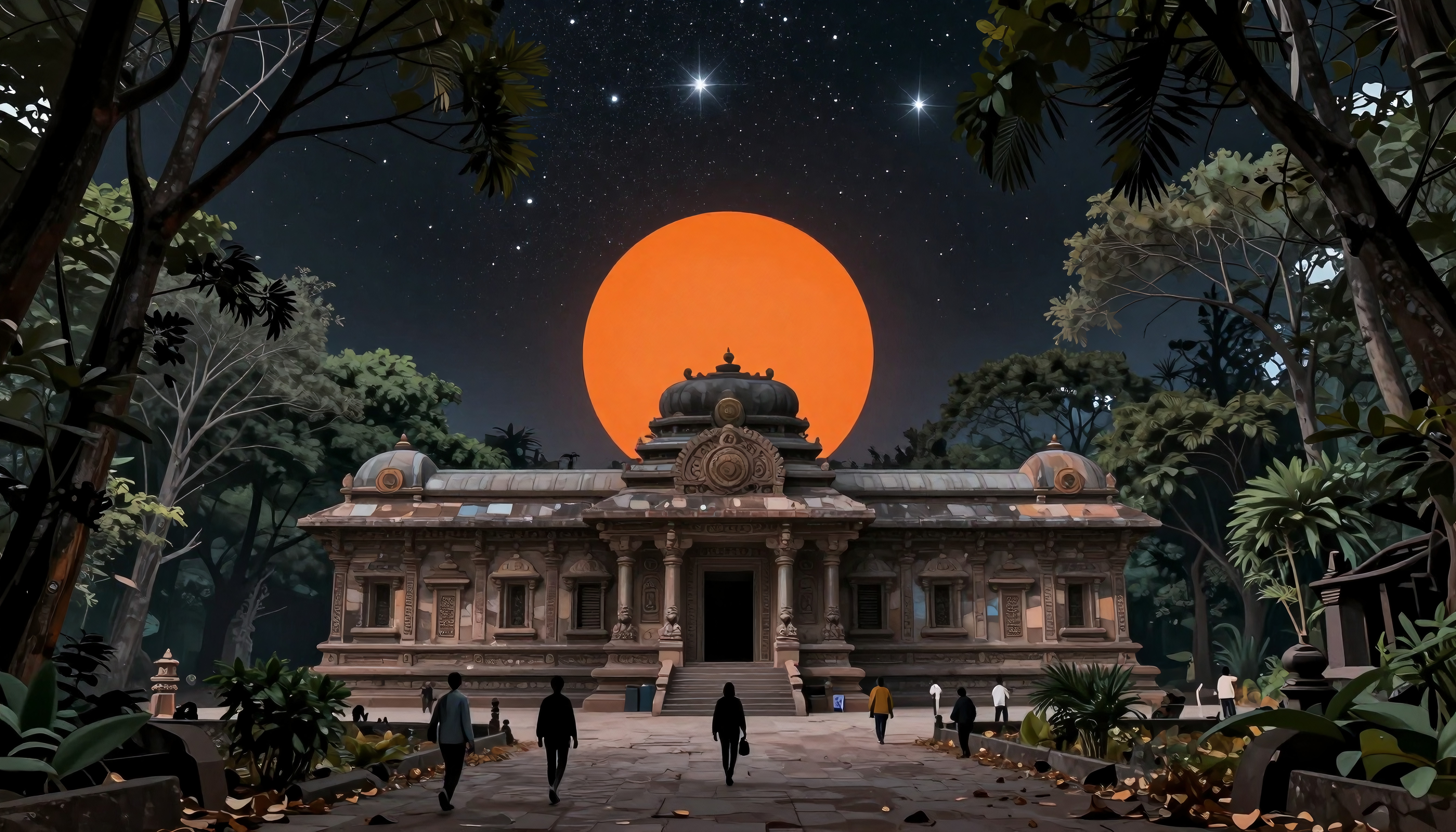 A mystical temple beneath a starry sky with a glowing orange celestial body in the backdrop.