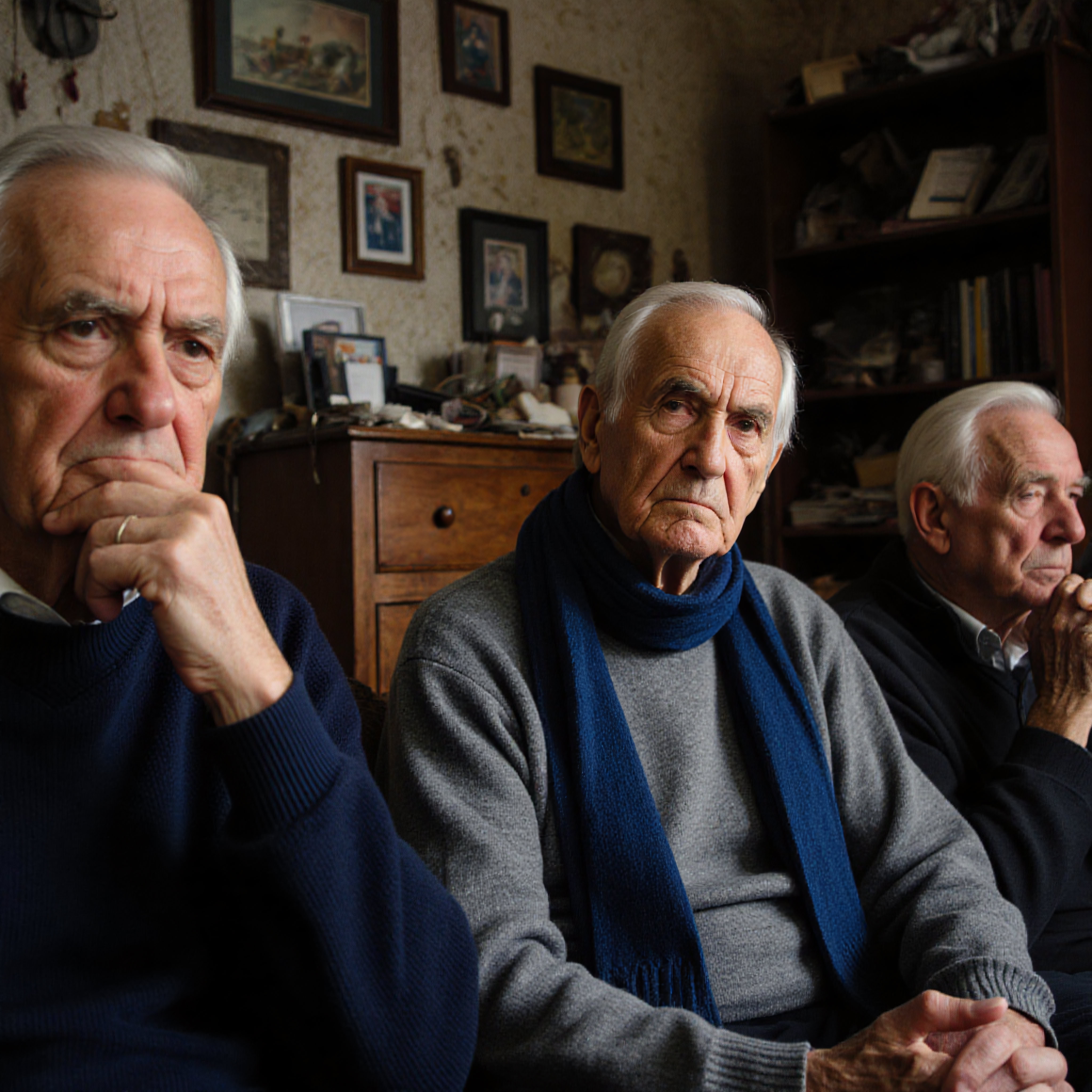 Three elderly men sitting thoughtfully in a cozy, cluttered room.