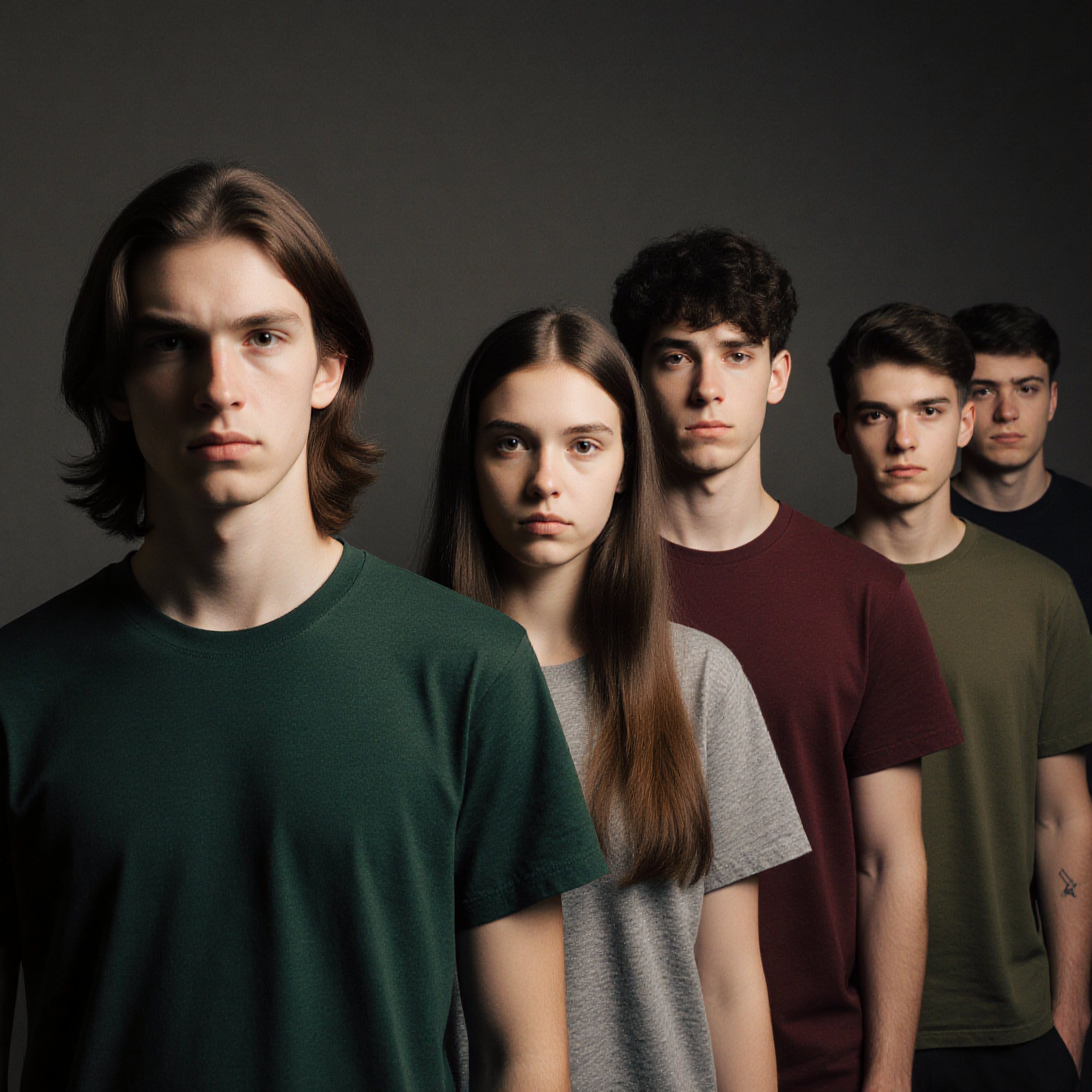 Image of five serious young adults in T-shirts standing in a staggered line with a dark background.