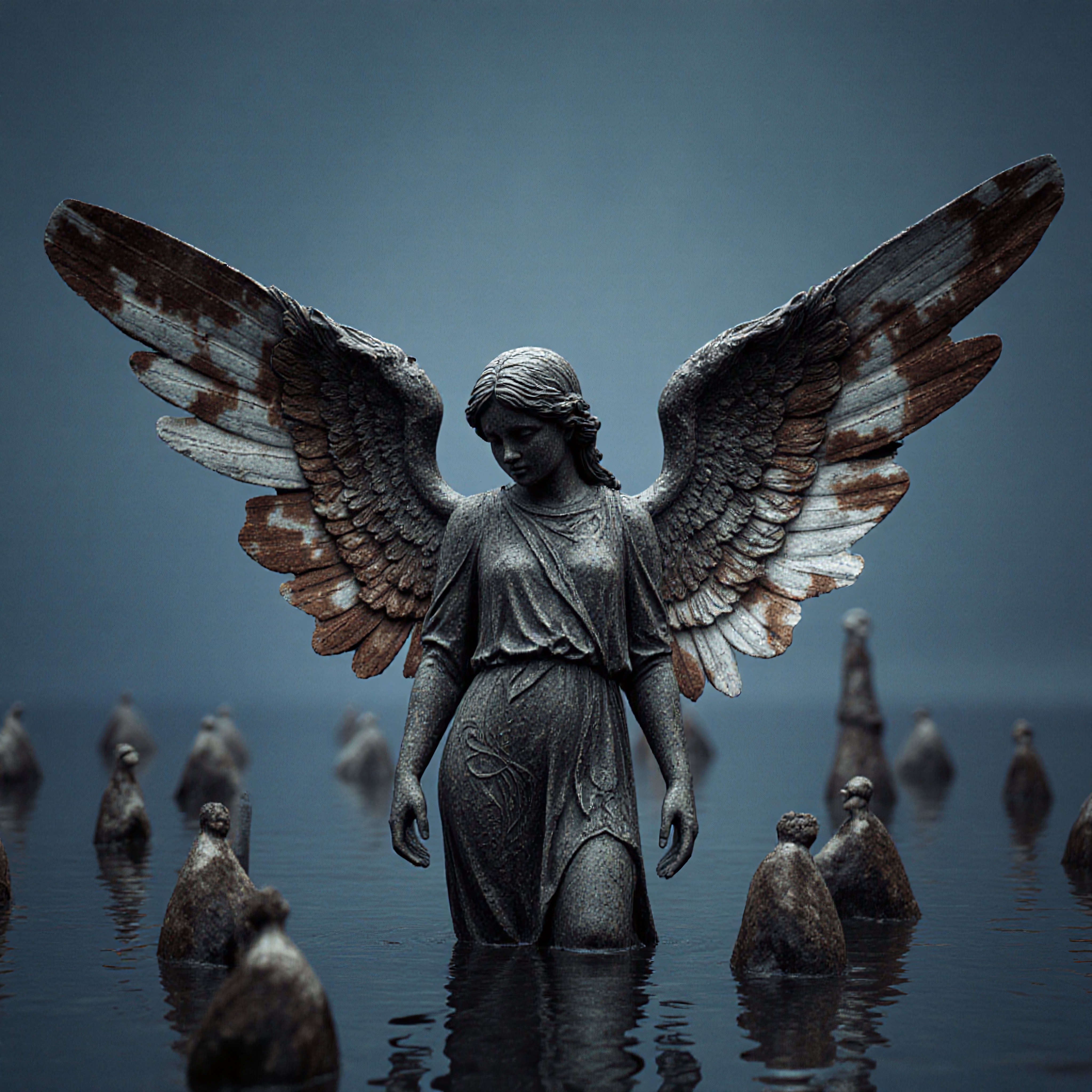 Statue of an angel with outspread wings standing in water surrounded by submerged figures.