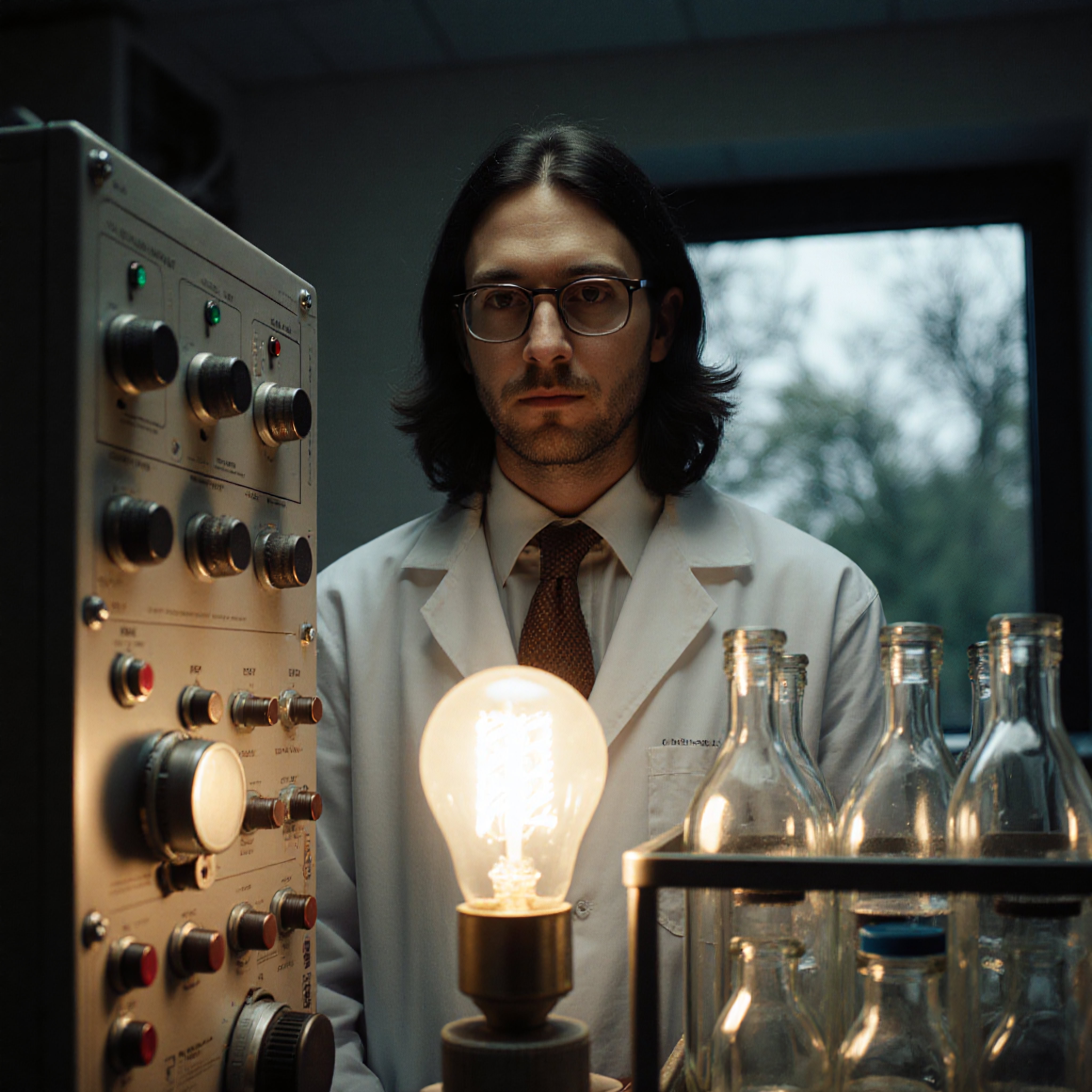 A scientist in a white lab coat stands in a dimly lit laboratory, illuminated by a glowing light bulb with control panels and bottles surrounding.
