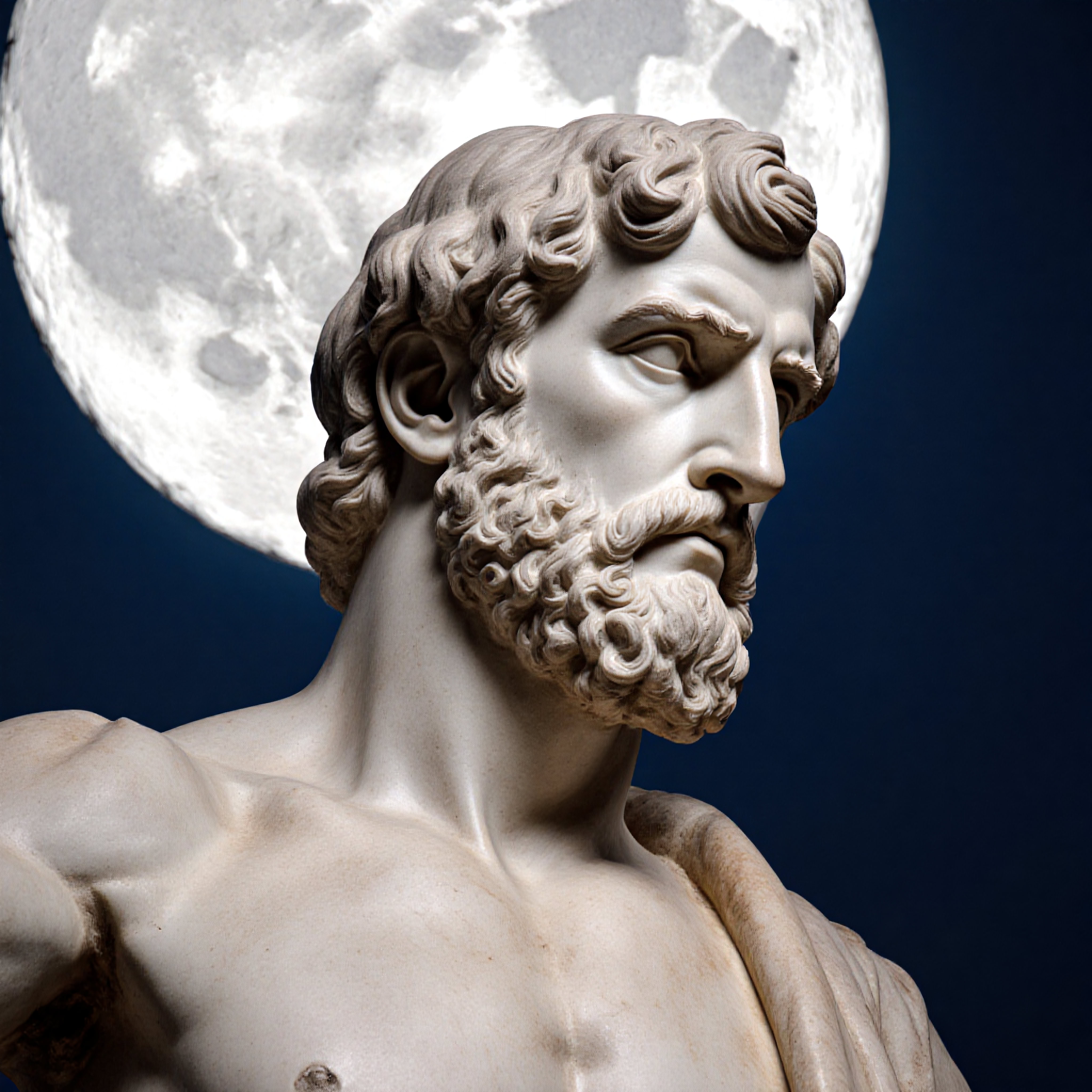 Marble sculpture of bearded man with full moon background.