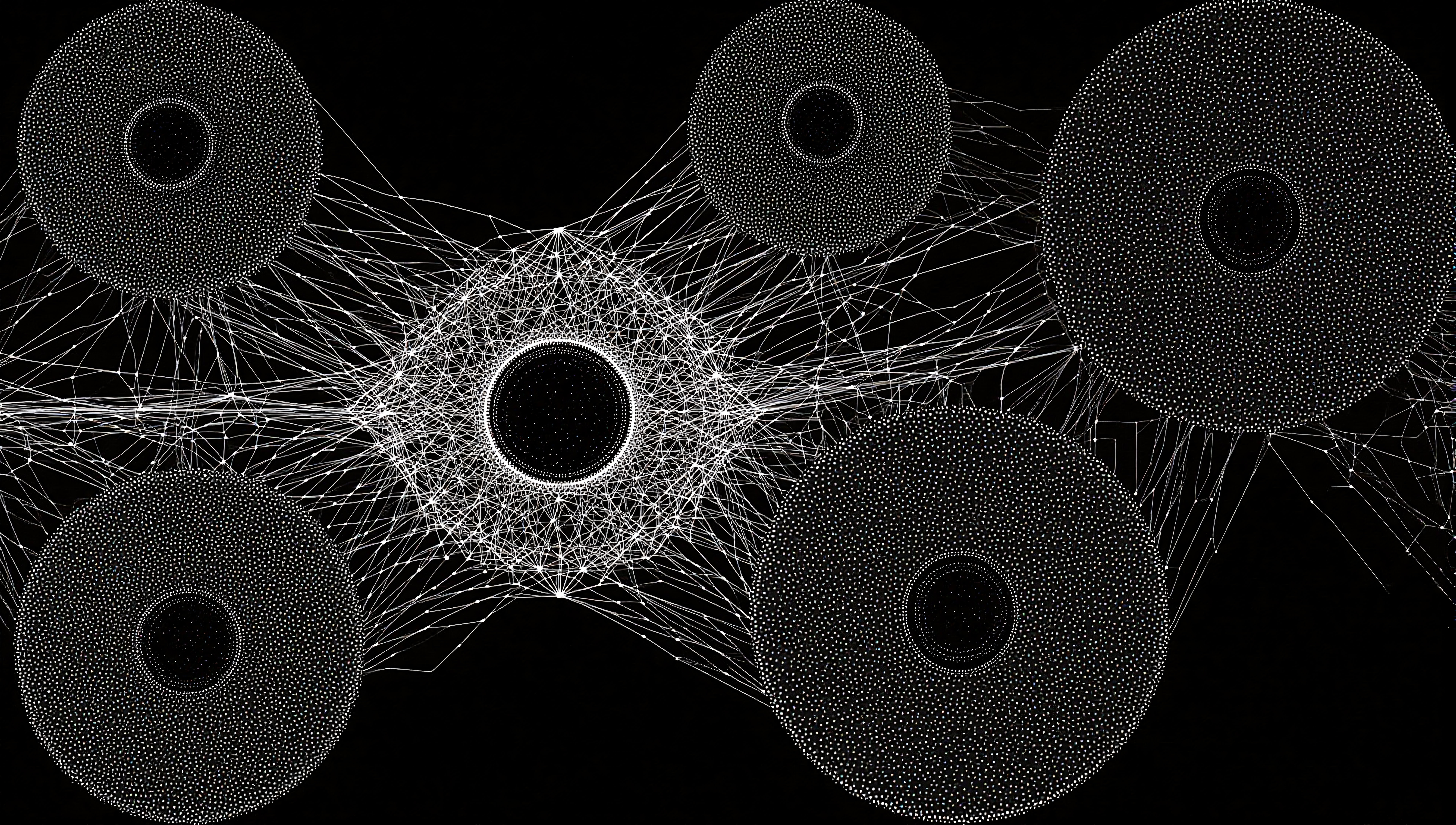 Abstract image of intricate network structure with interconnected circular formations and web-like lines on a black background.