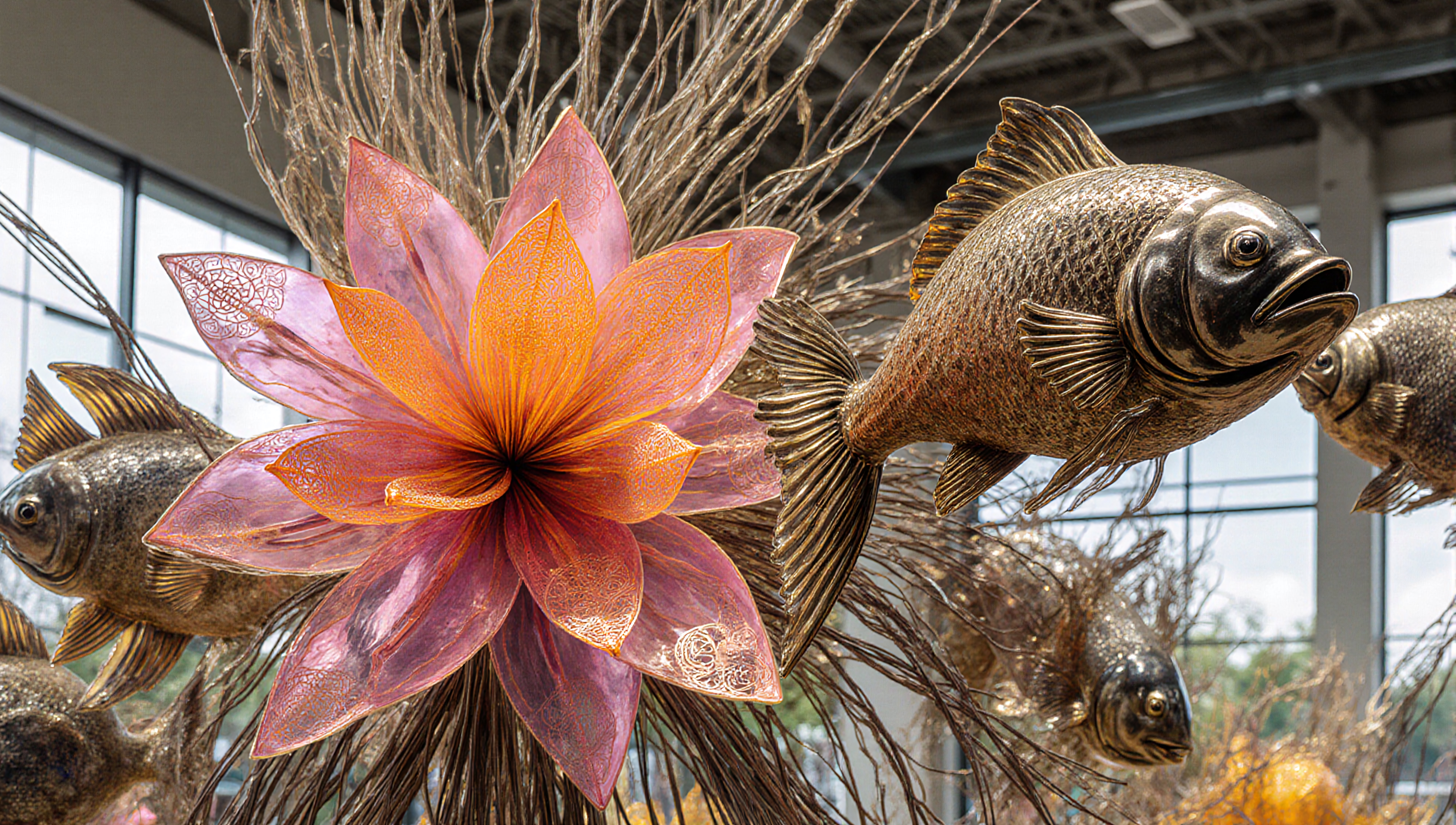 Art installation with bronze fish sculptures and a central vibrant flower, set in an open, naturally lit room.