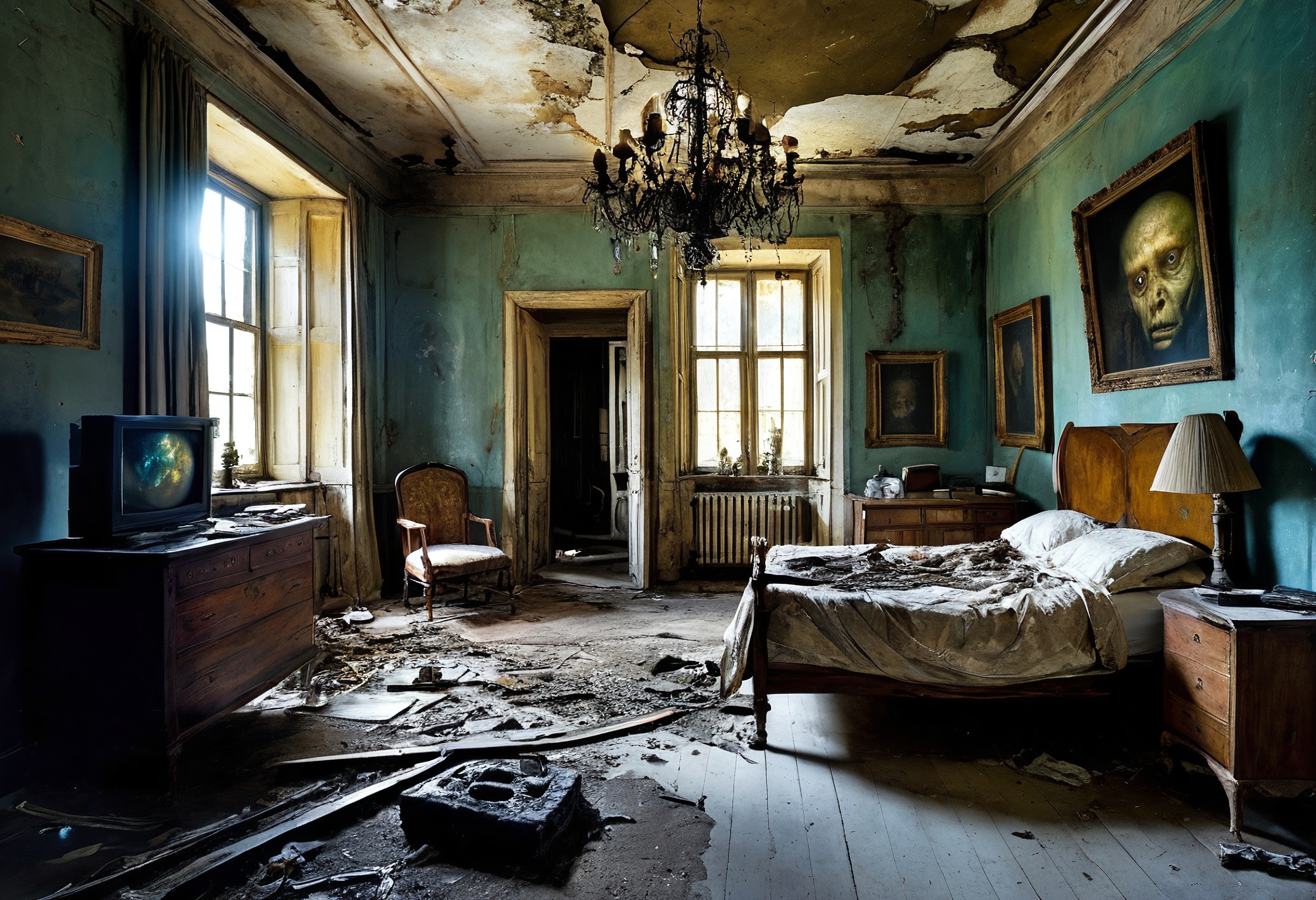 Abandoned room with peeling walls and eerie portraits.