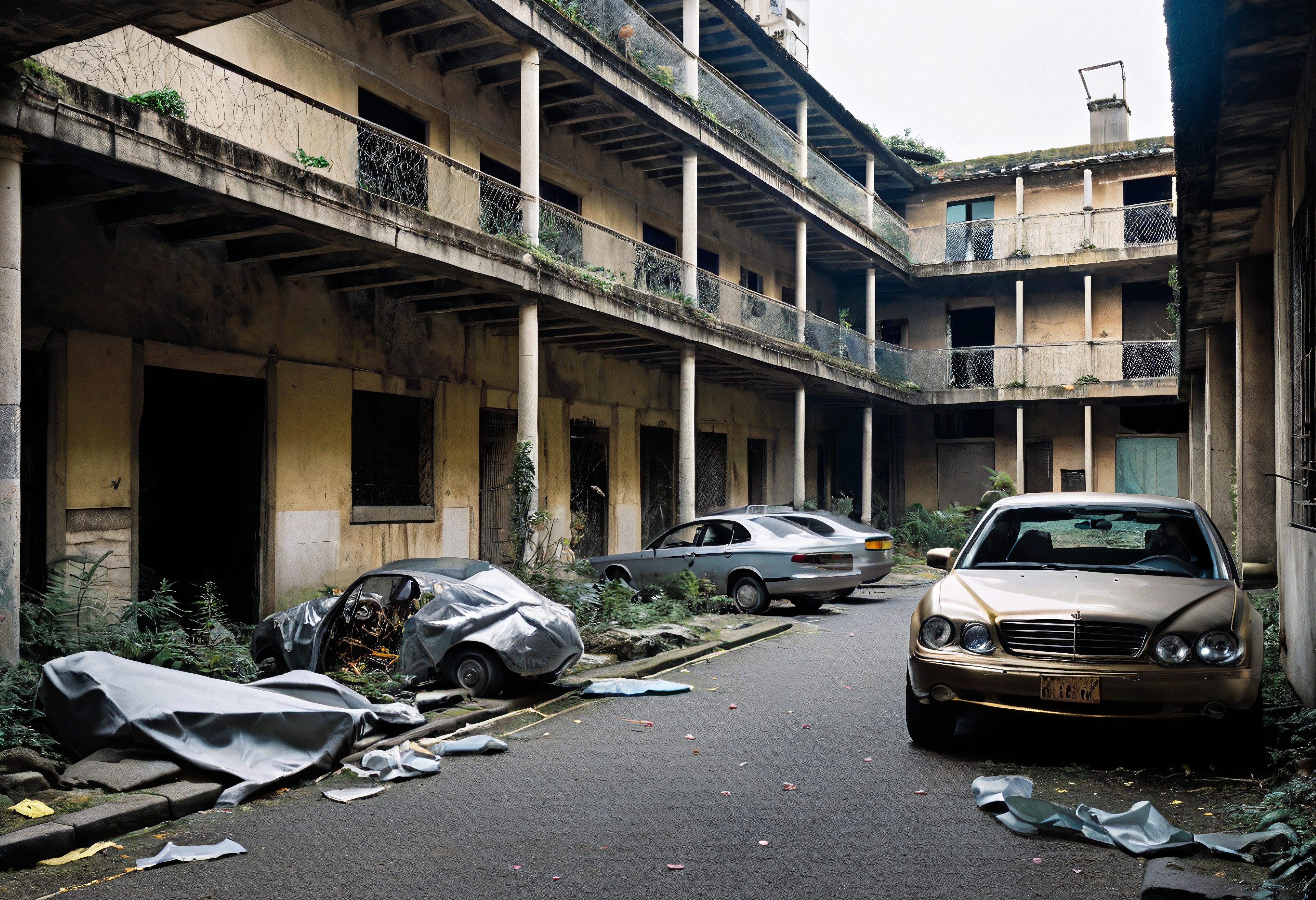 Abandoned Vehicles in Old Courtyard