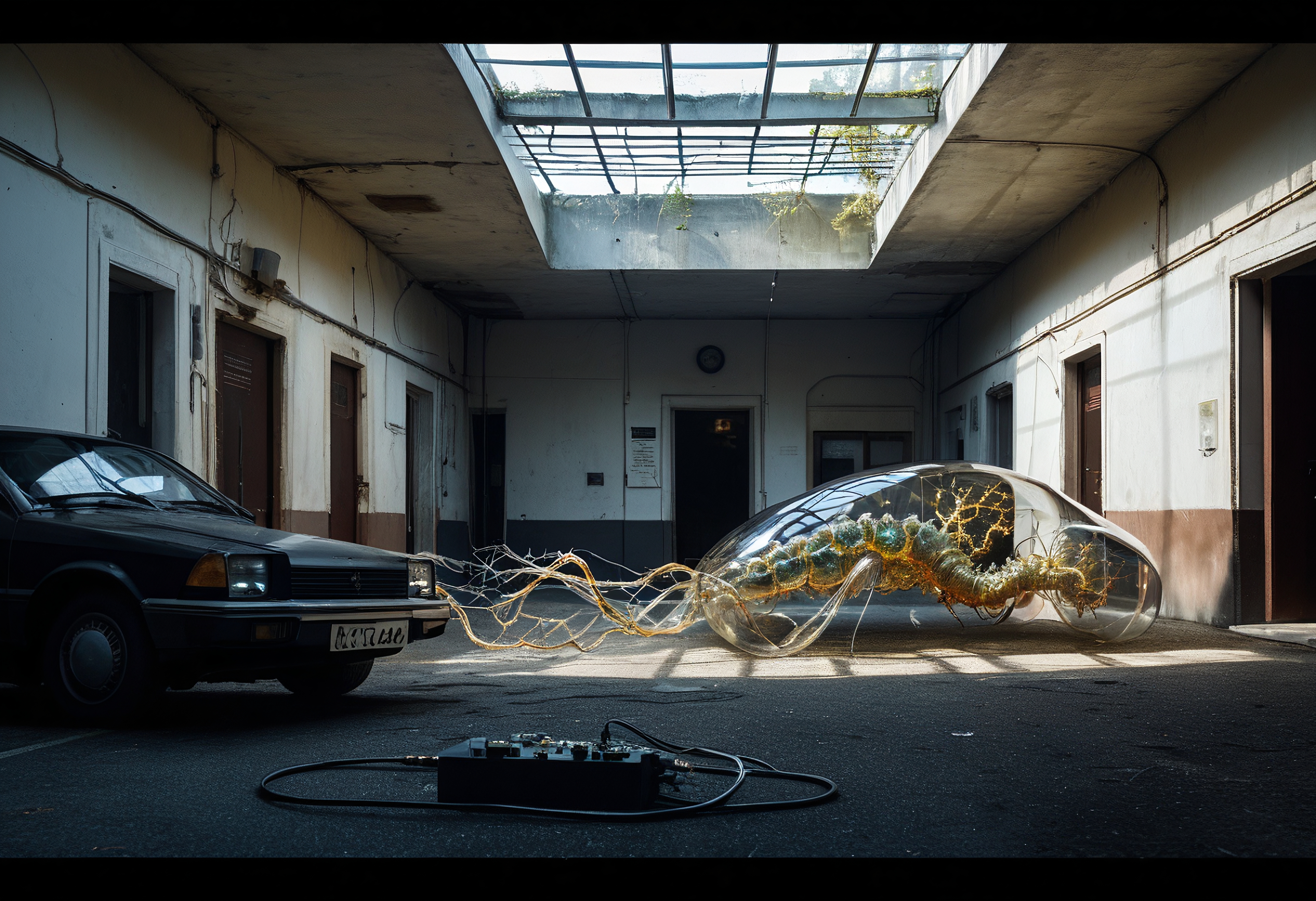 A sci-fi scene featuring a vintage car and a surreal cocoon-like organism in a dilapidated courtyard.