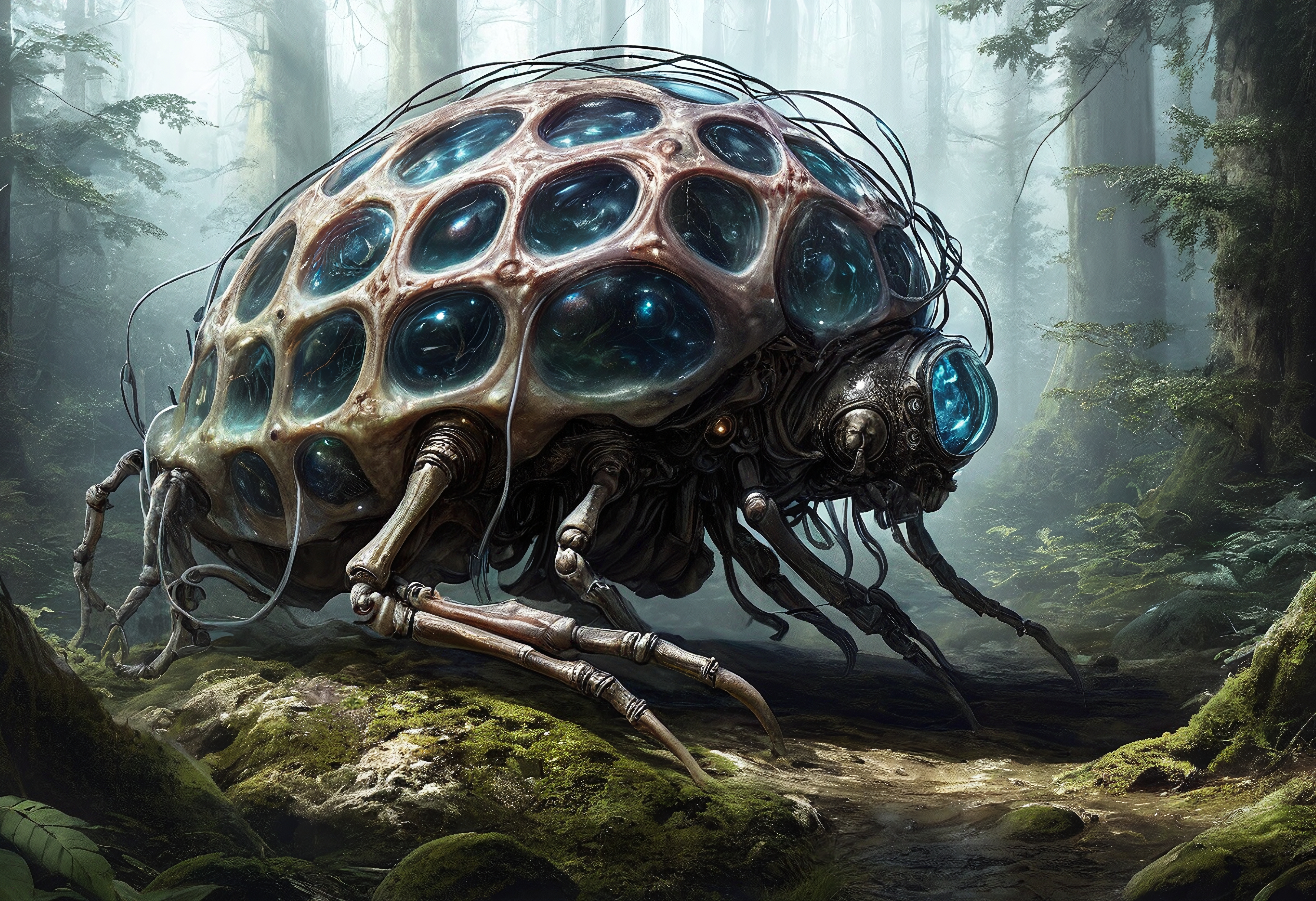 A futuristic insect-like robotic creature in a misty forest environment featuring translucent nodes and metallic legs.