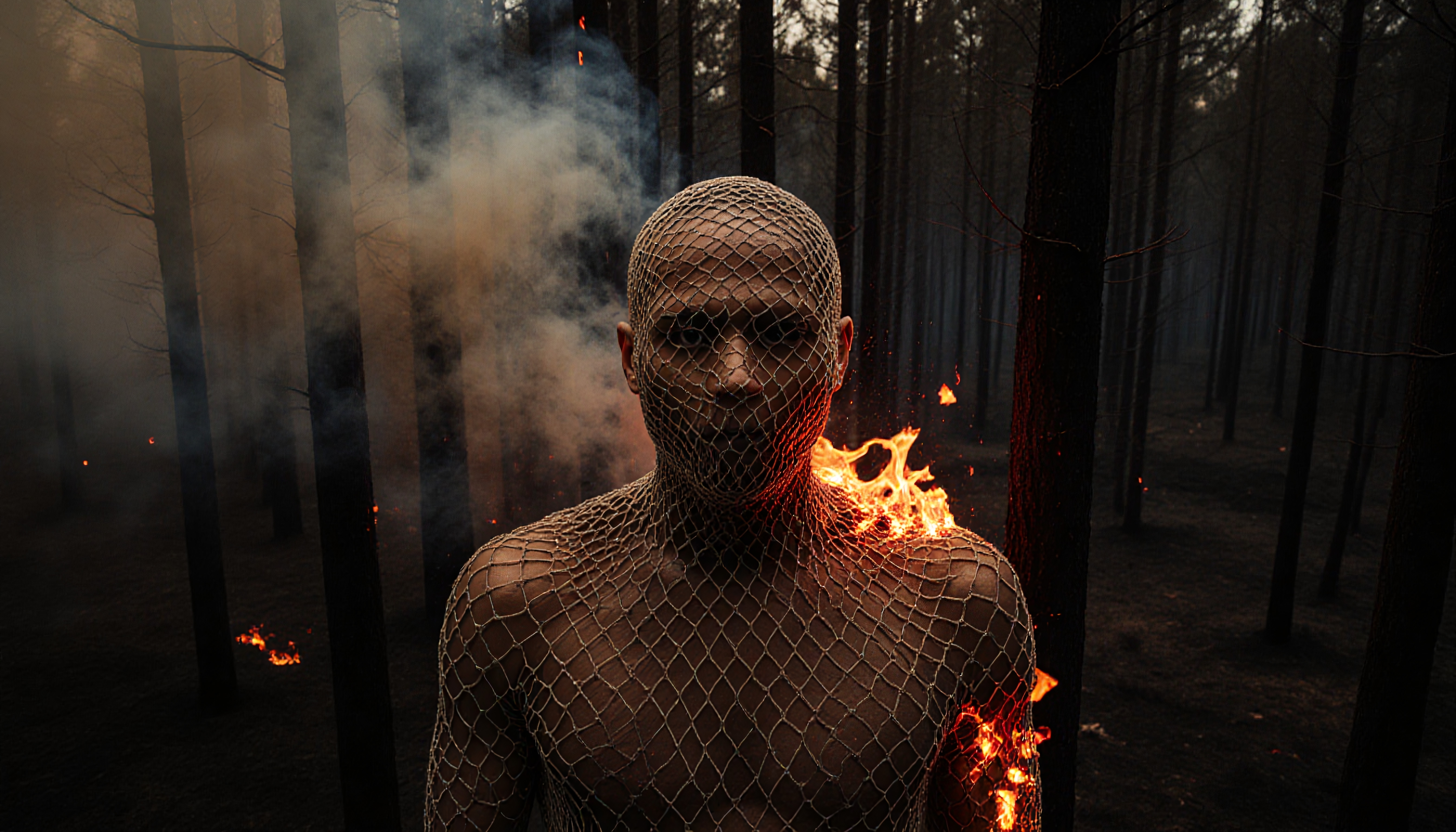 Net-Clad Figure Amid Flames