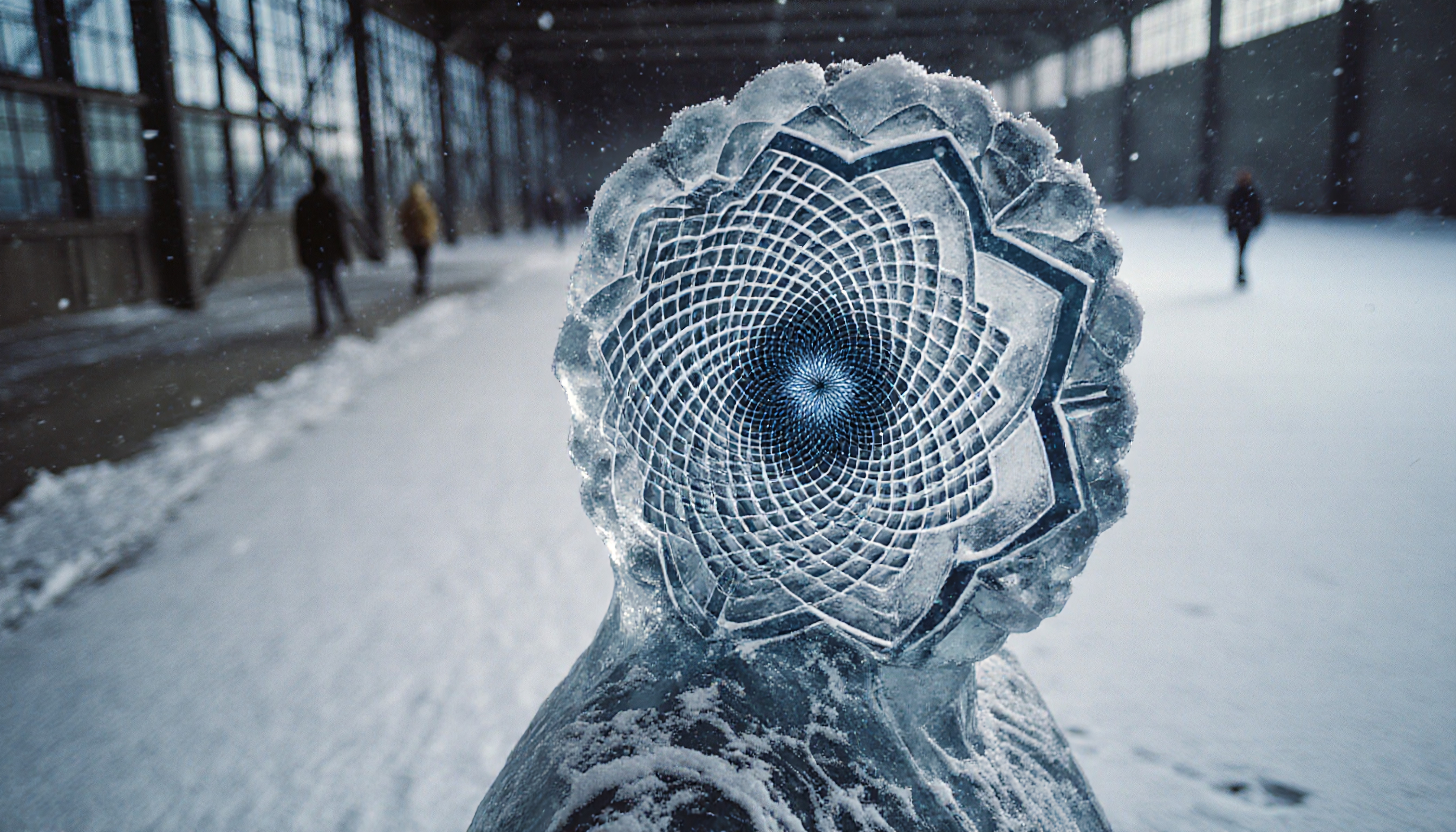 A detailed ice sculpture with intricate geometric patterns in a snowy indoor setting, creating a mesmerizing and serene atmosphere.