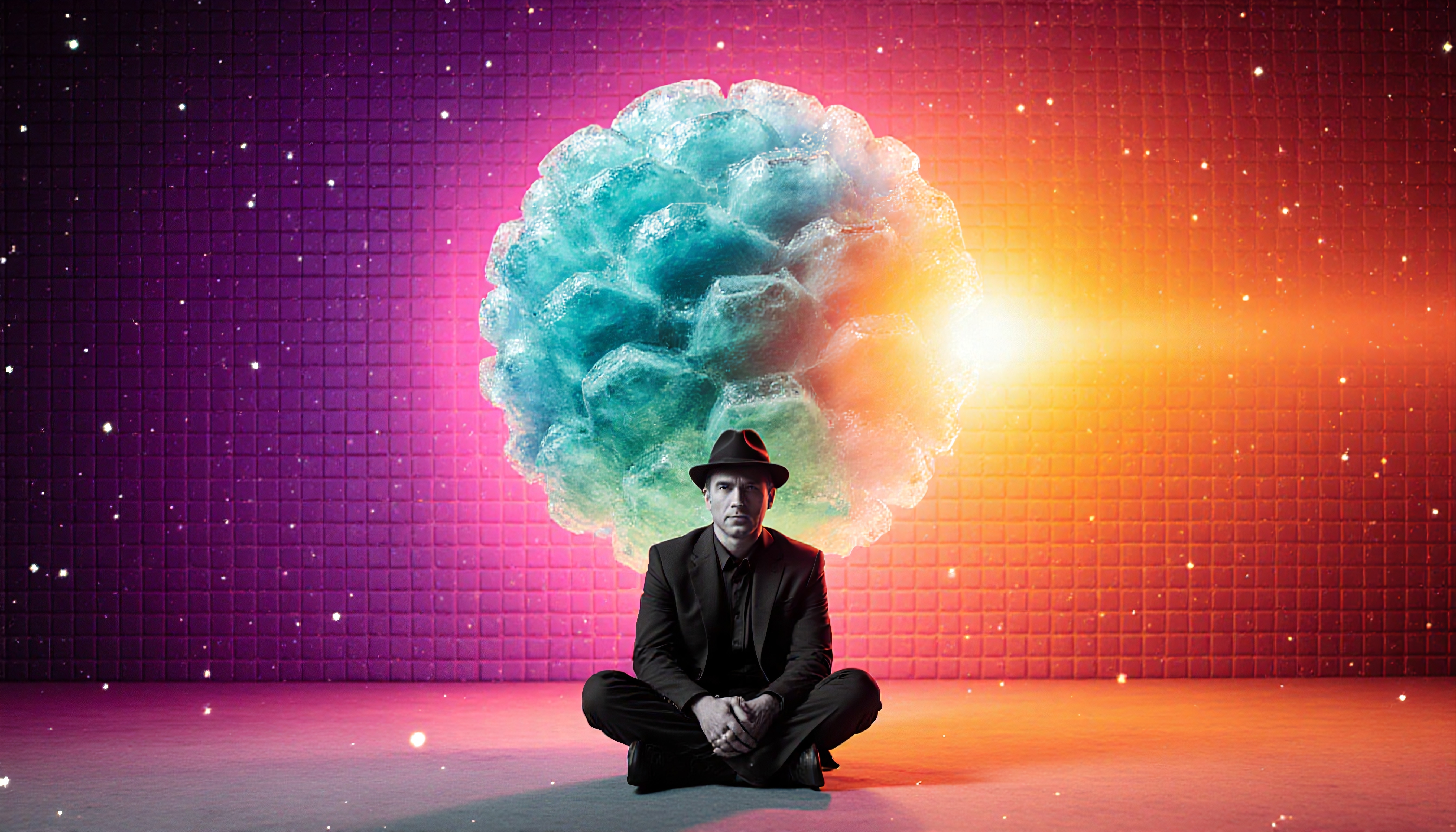 A mysterious man with hat sits cross-legged against a vibrant cosmic background of light and surreal elements.