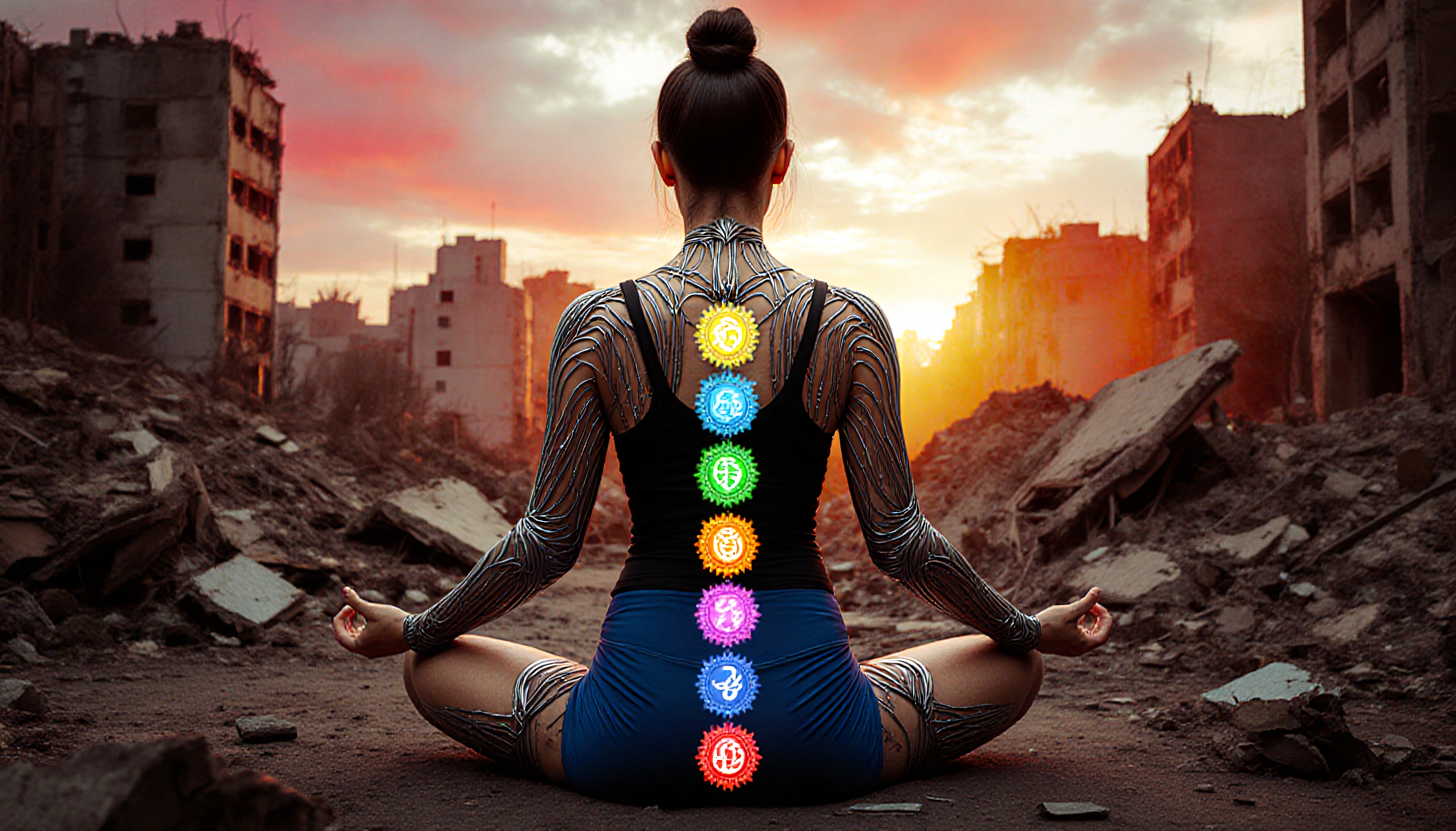 A person meditates amidst urban ruins with aligned chakra symbols glowing on their back as the sun sets.