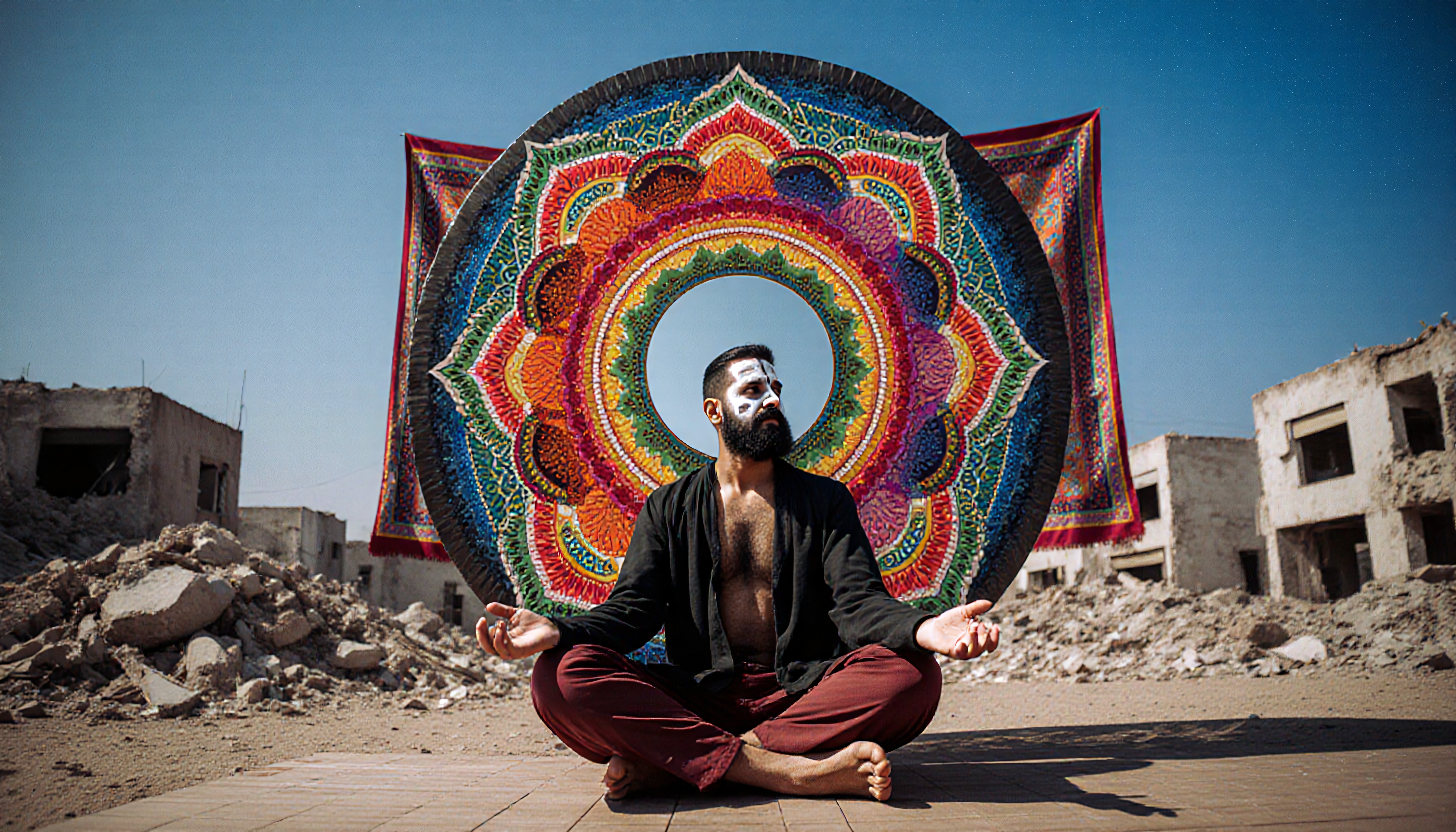 A person meditates amidst urban ruins with a colorful mandala backdrop.
