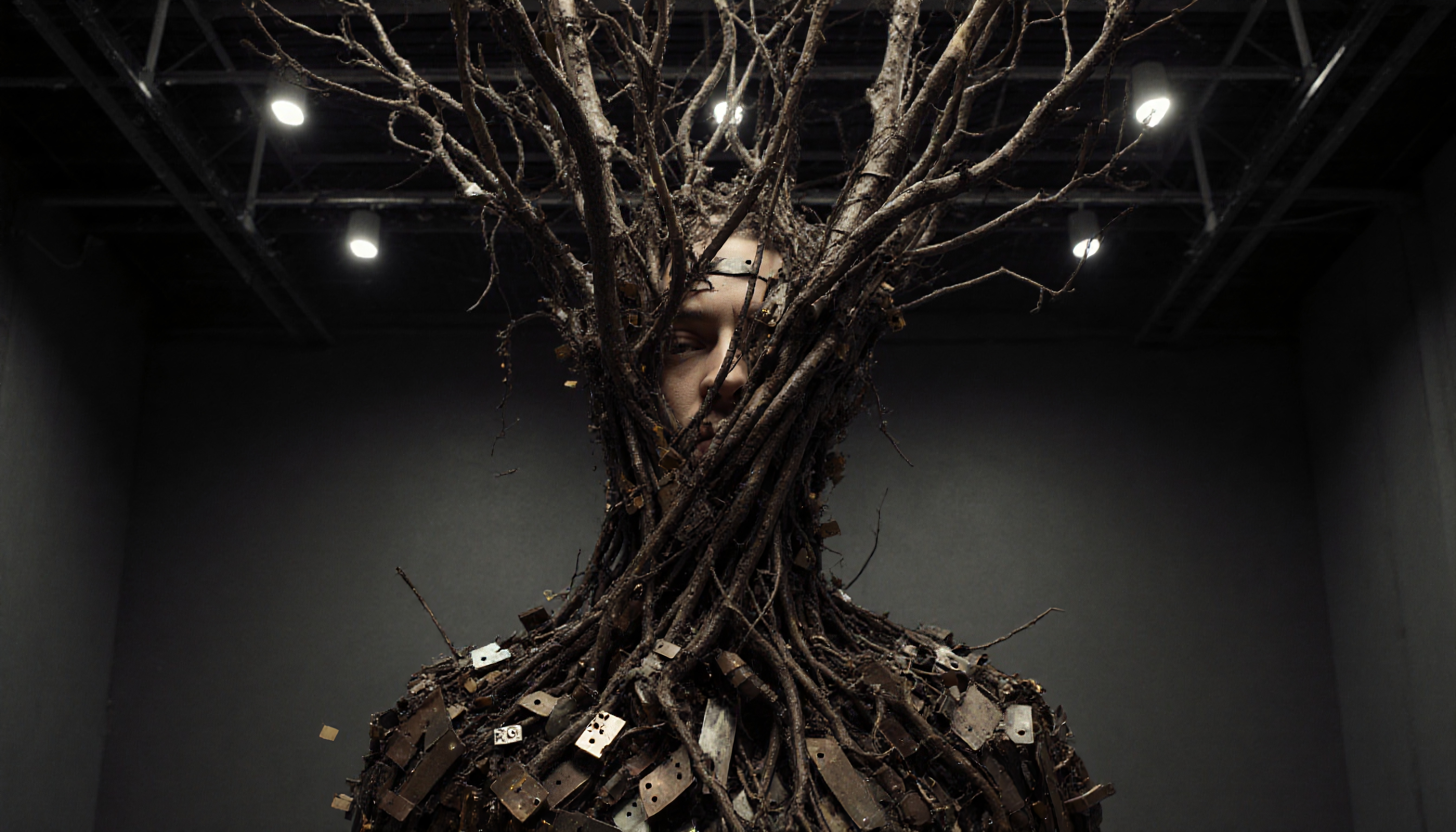 A person with branches and mechanical parts enveloping them against an industrial background, symbolizing the convergence of nature and technology.