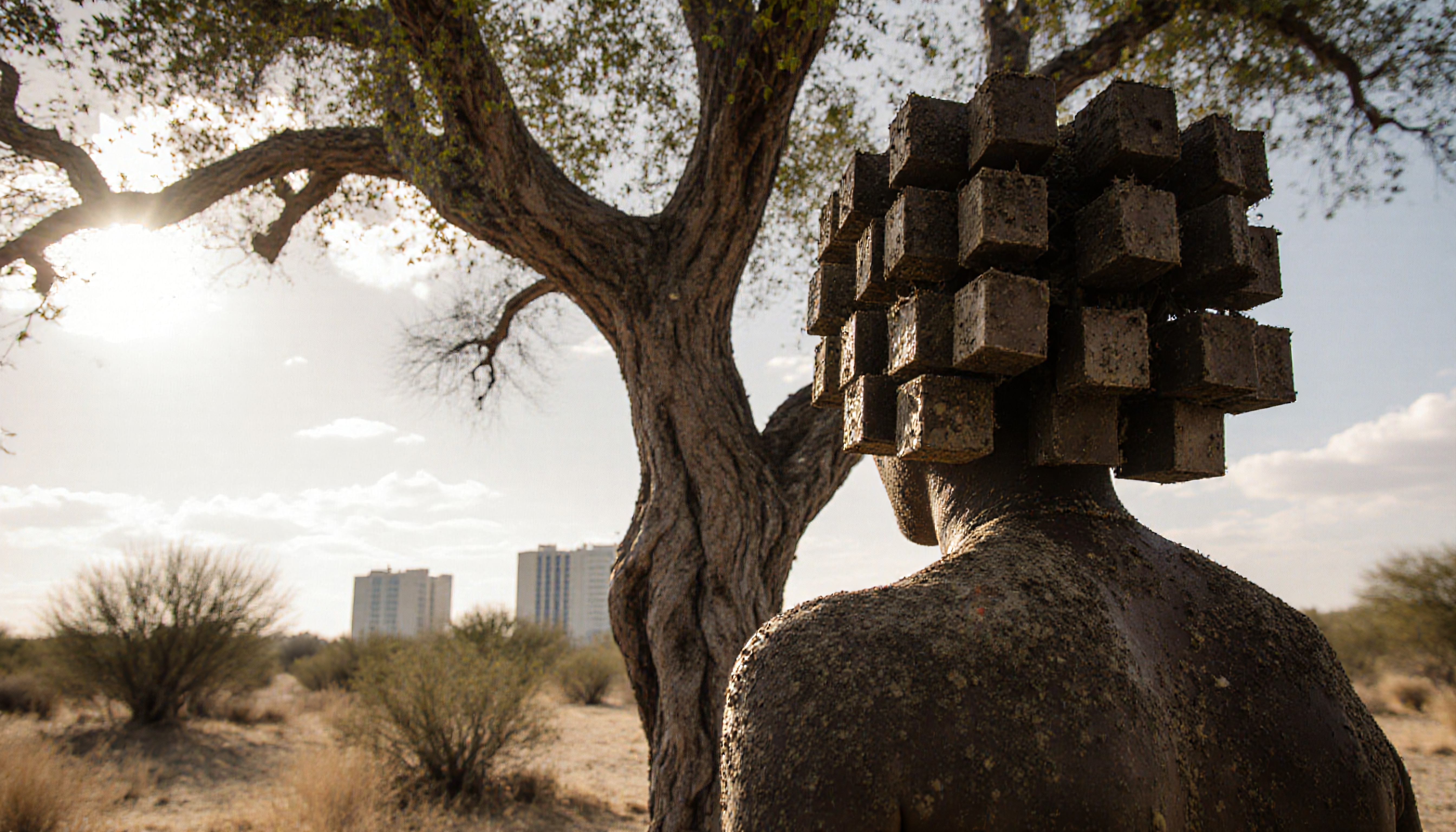 A human figure with a cube headdress stands in a desert landscape, juxtaposing natural and modern elements.