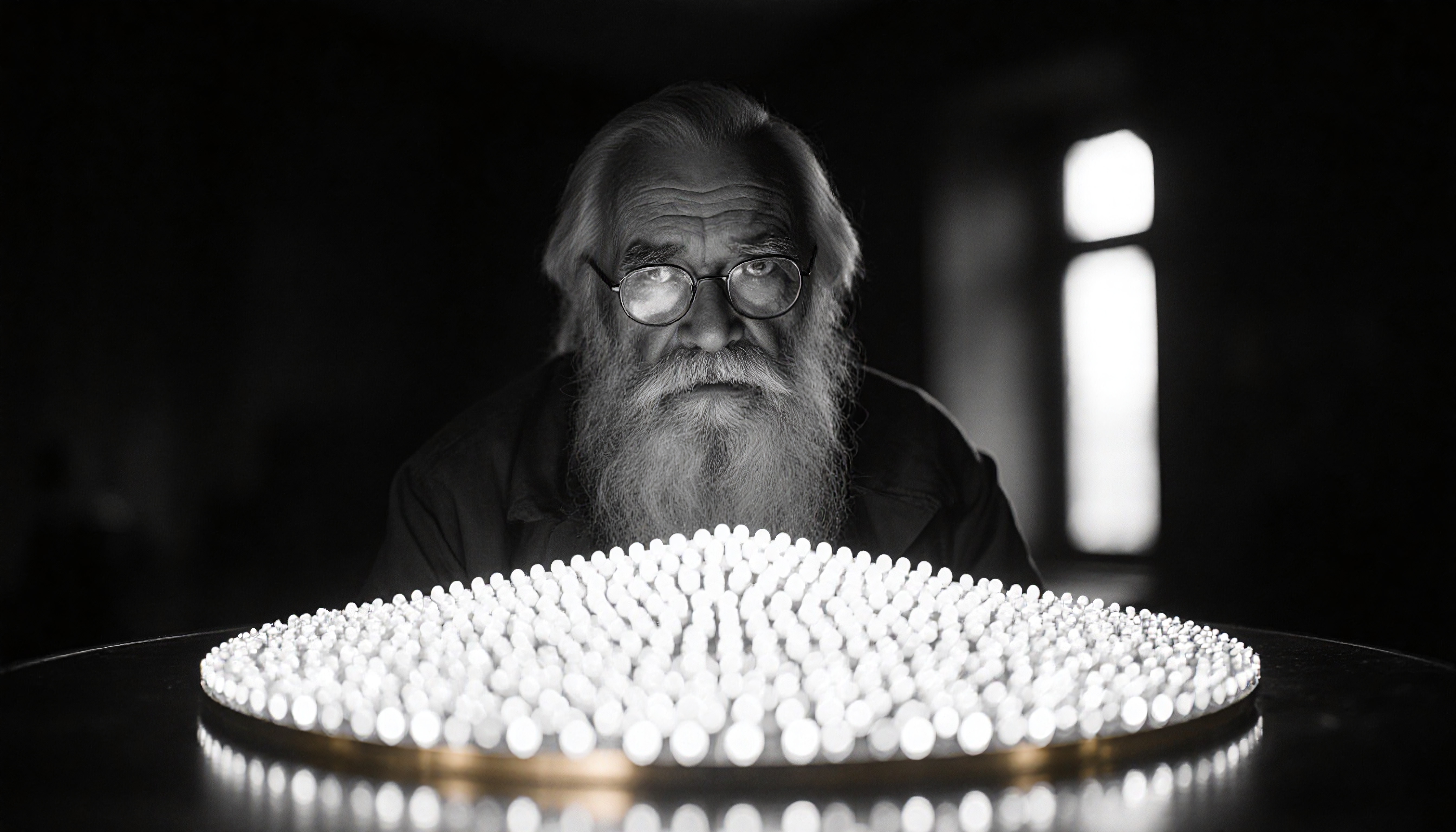 Man with beard observing glowing bulbs in dark room.