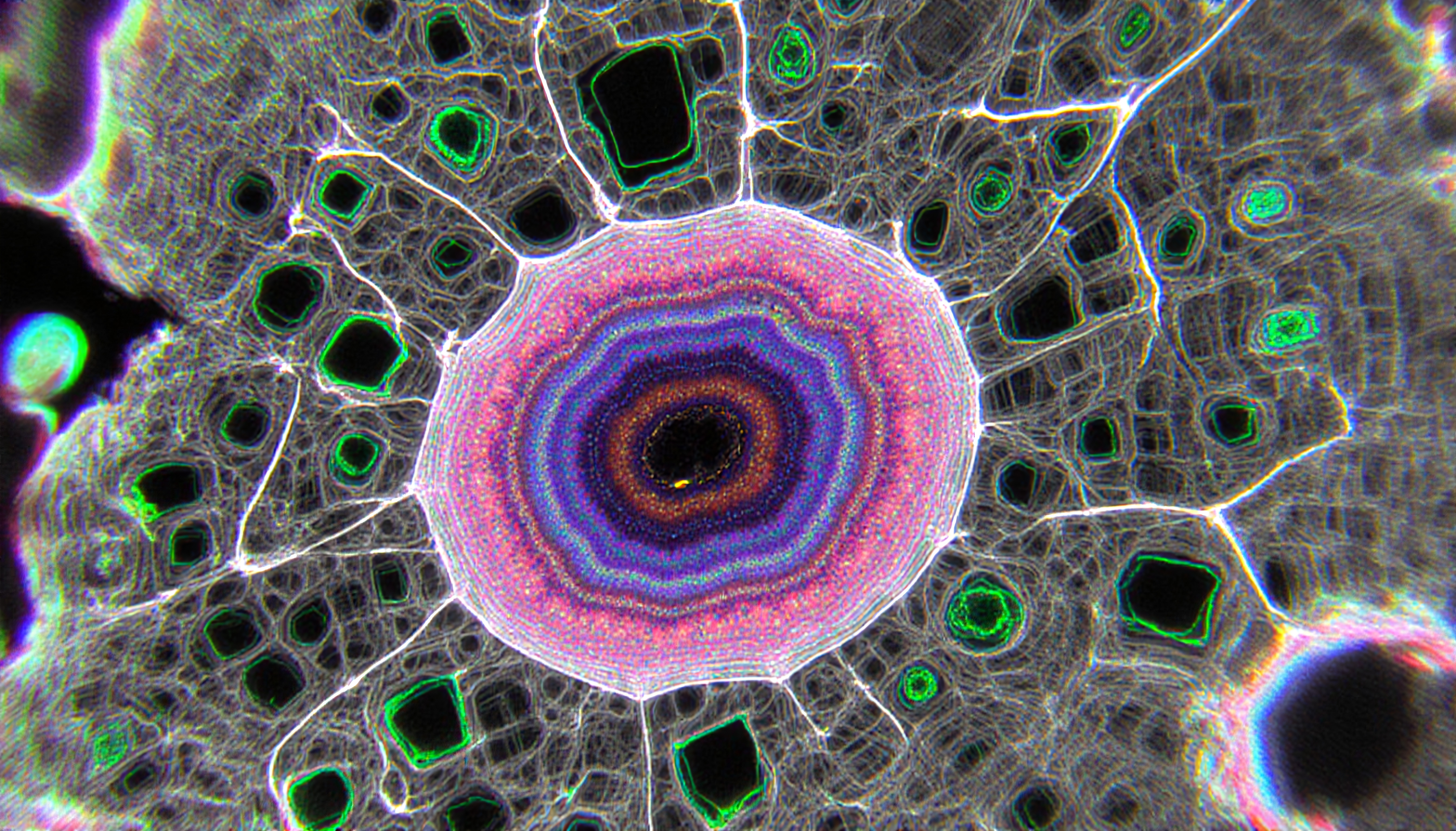 Close-up of a colorful microscopic cellular pattern with concentric rings and intricate structures.
