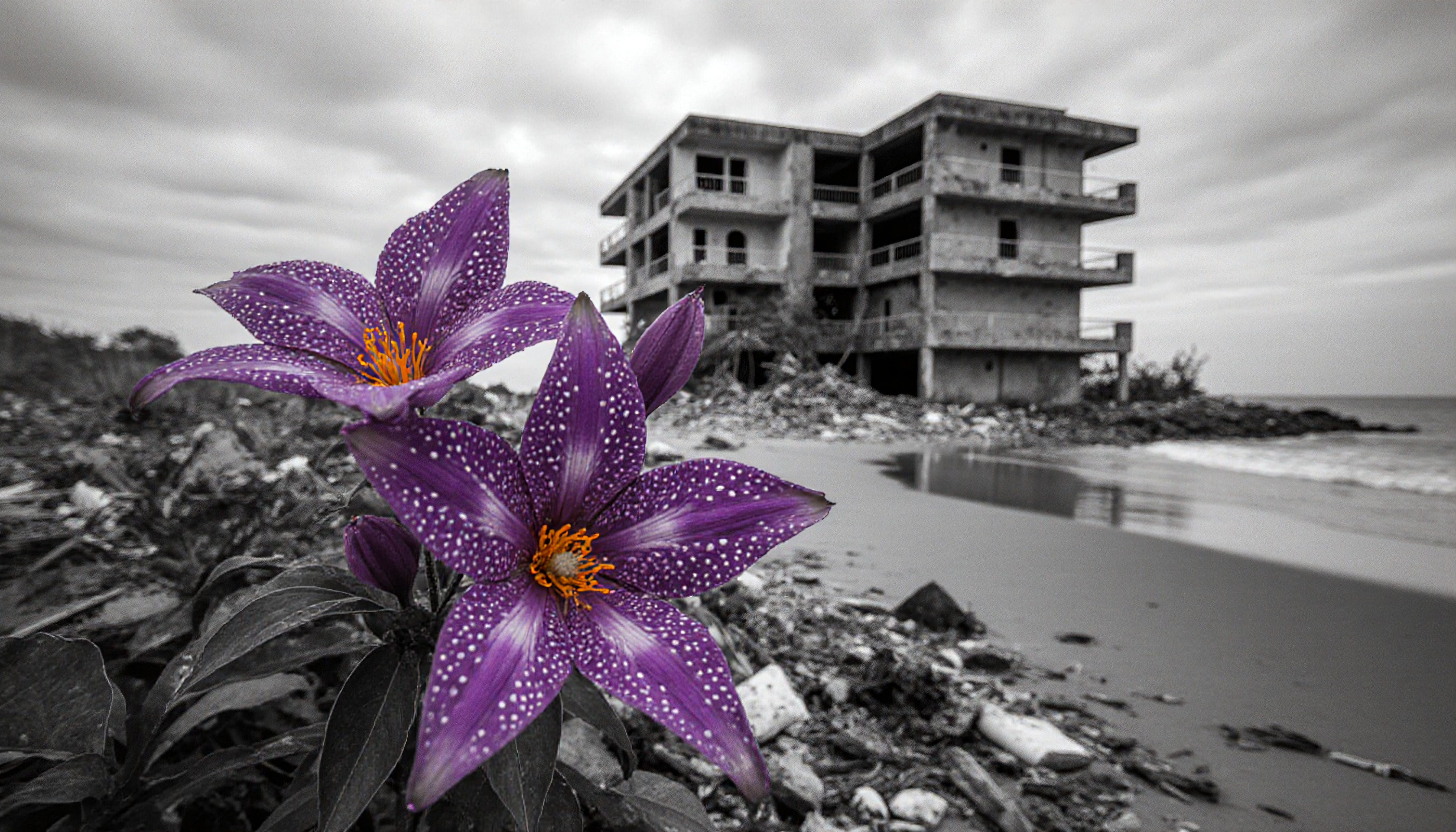 Vibrant purple speckled flowers on beach with abandoned concrete building ruins background