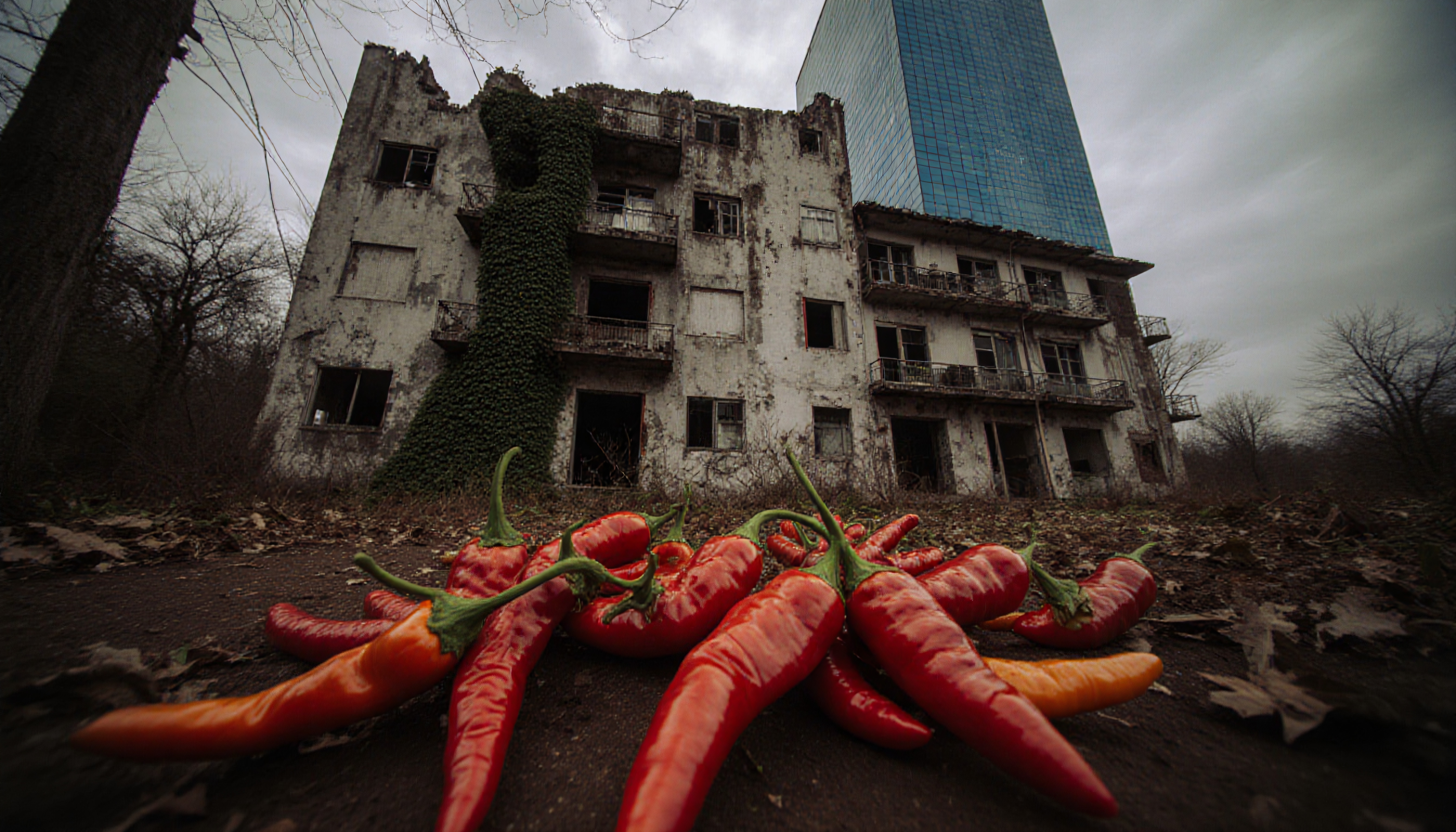 Vibrant chili peppers lie abandoned beneath a dilapidated building with a looming modern skyscraper.
