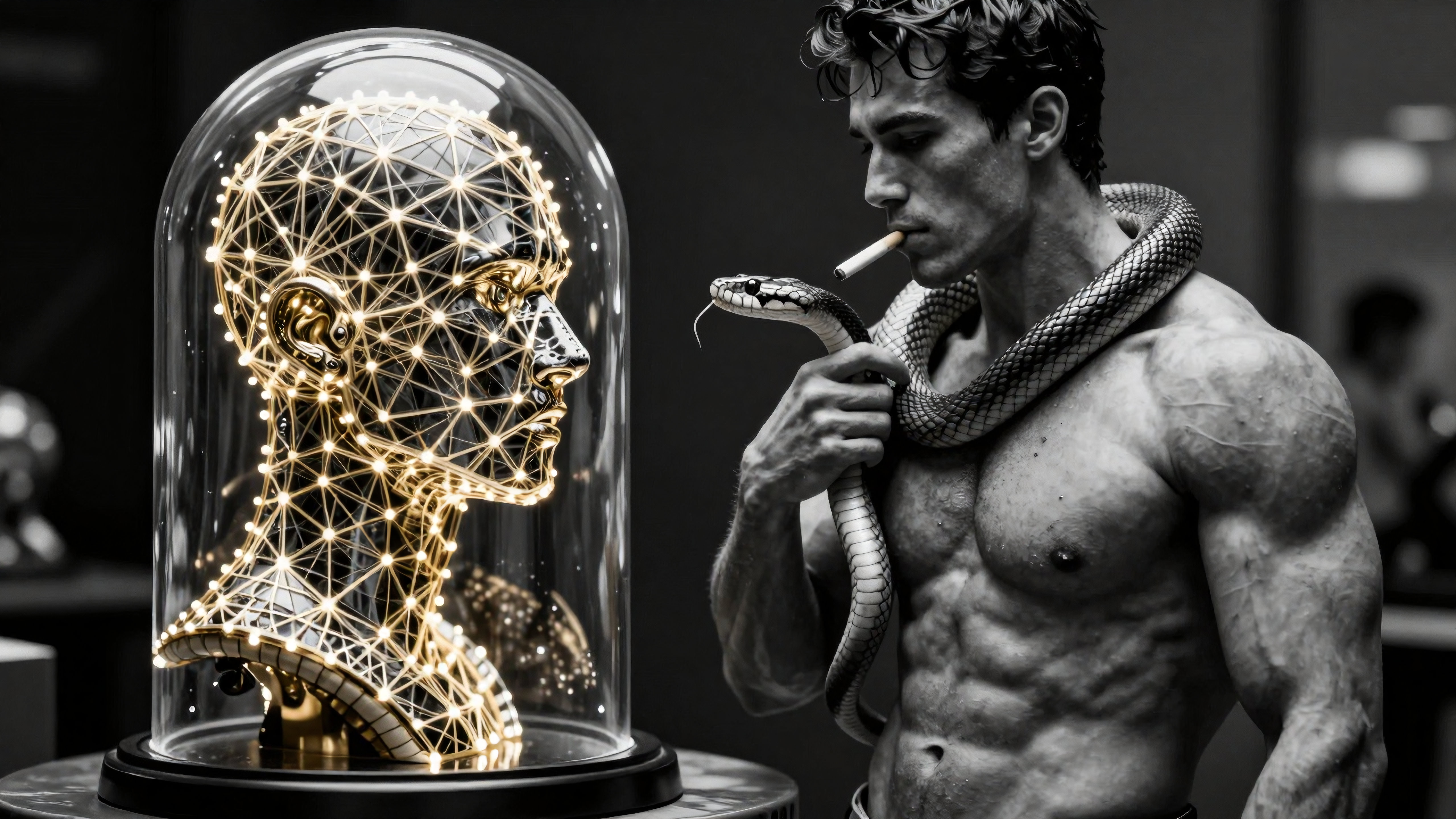 Muscular man holding snake near glowing brain sculpture in glass dome