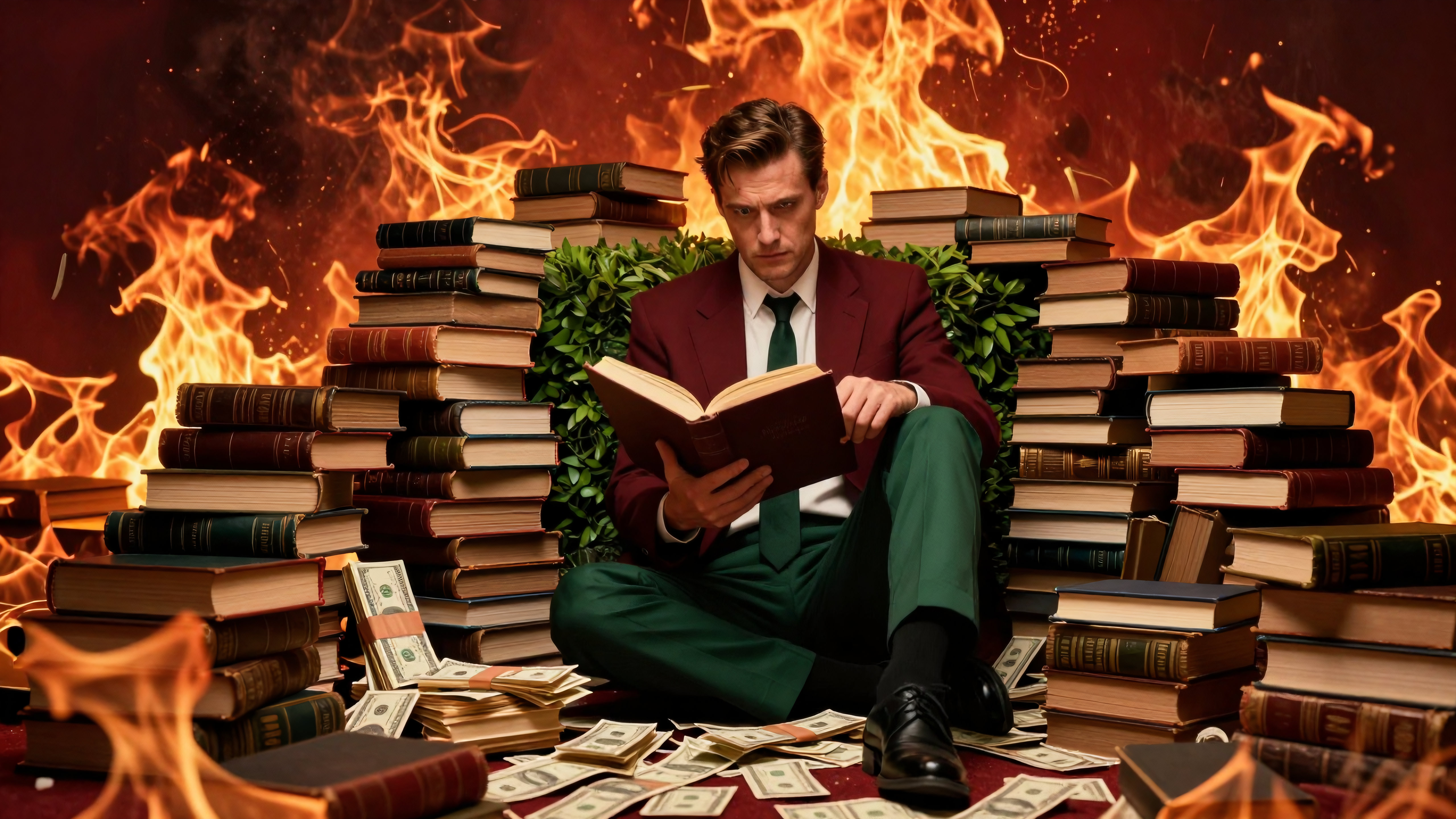 Man in suit reading book surrounded by burning books and scattered money