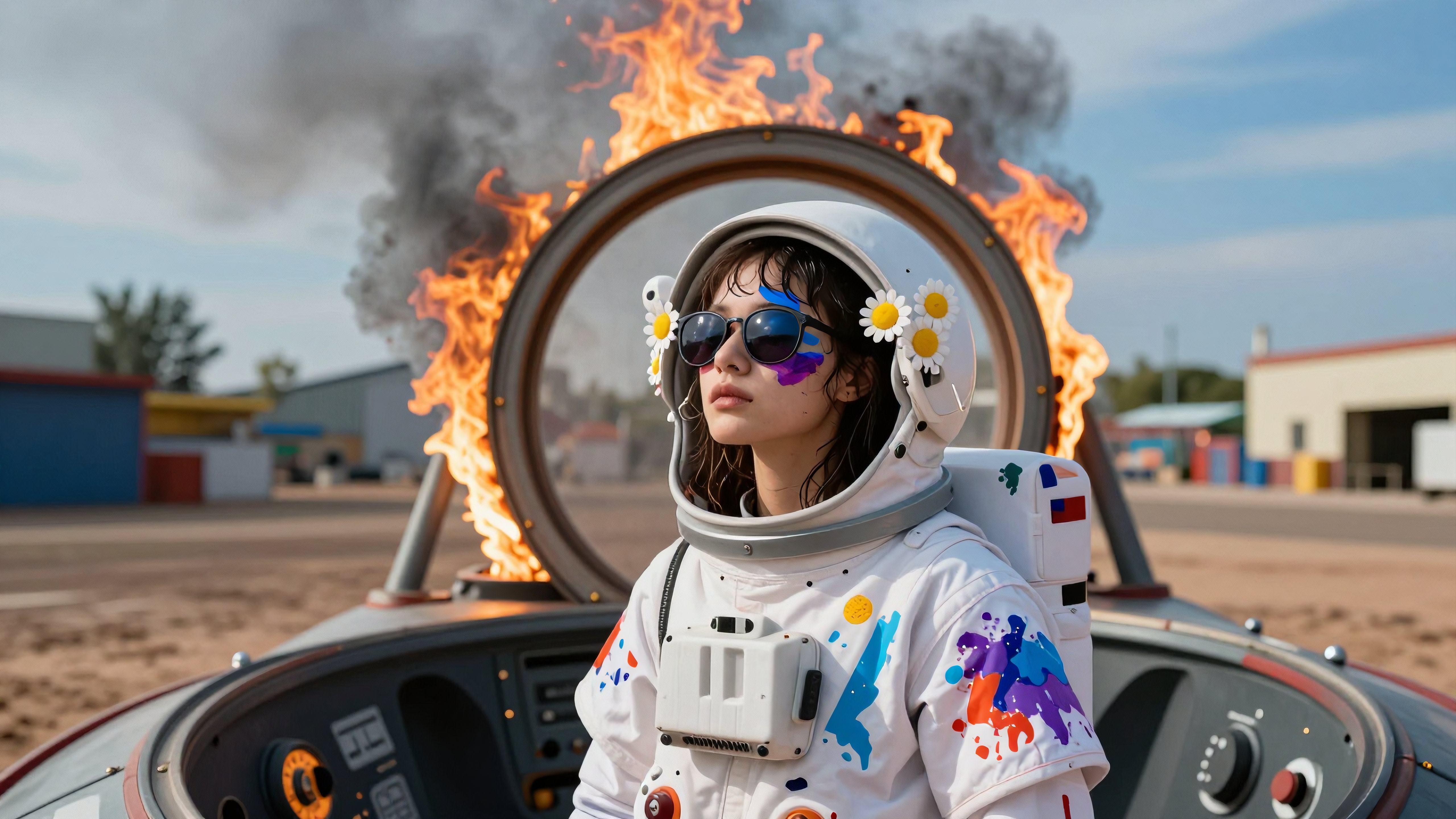 A person in a colorful astronaut suit stands in a capsule with a fiery ring and smoke.