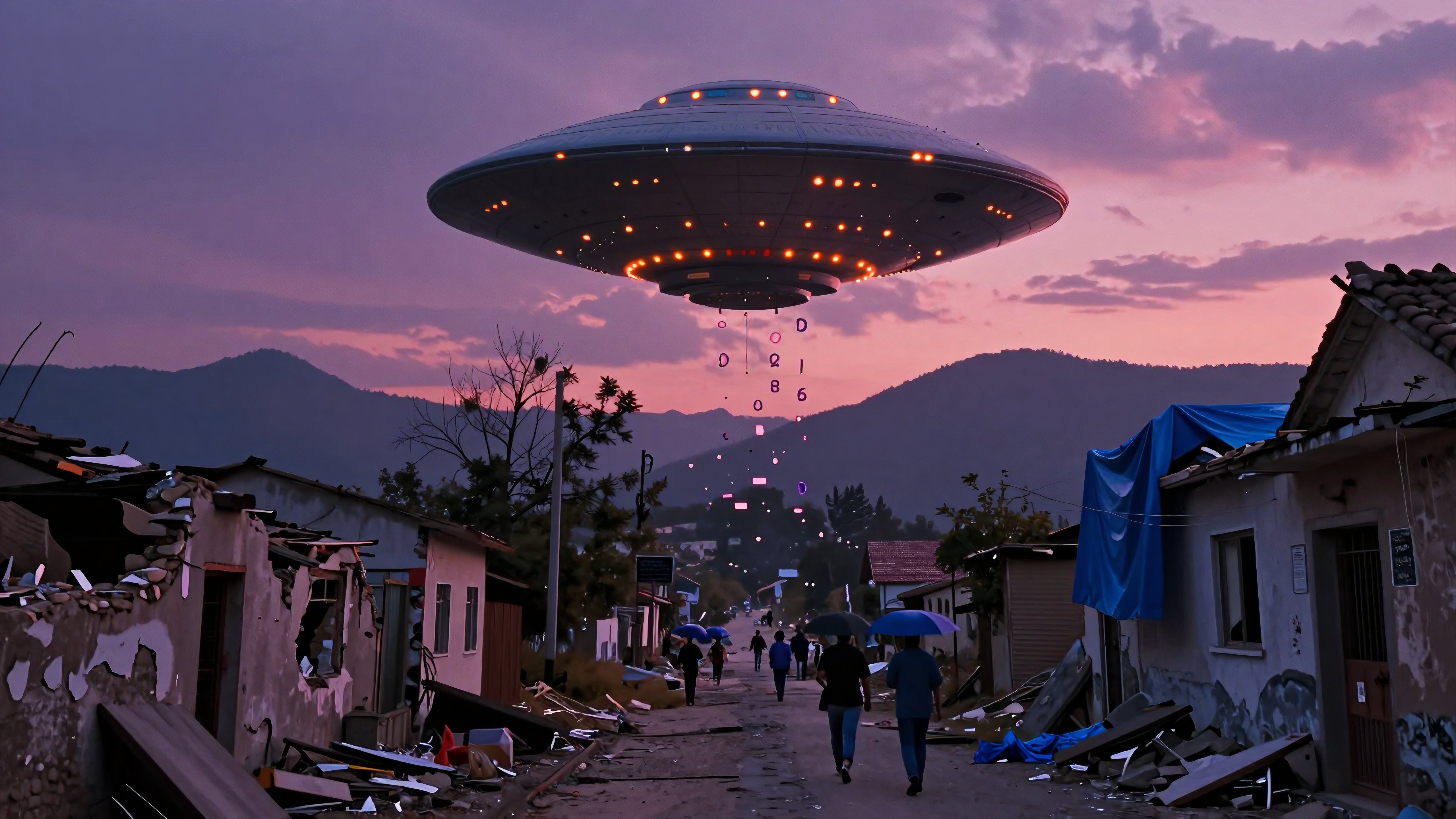 A massive UFO hovers over a street at dusk, casting an eerie glow and digital symbols in a surreal, apocalyptic scene.