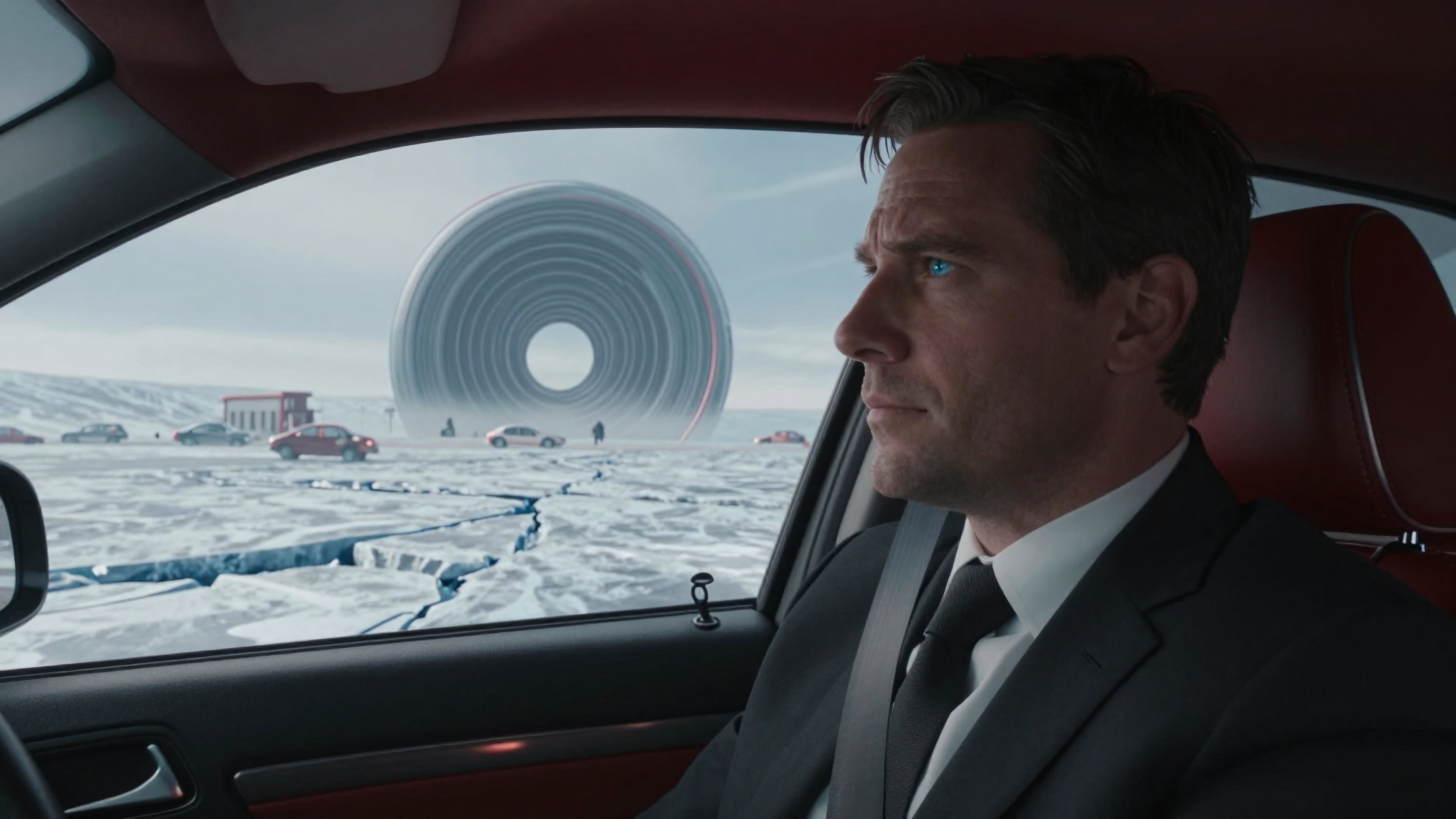 Man stares out car window at giant mysterious glowing spiral ring in icy wasteland
