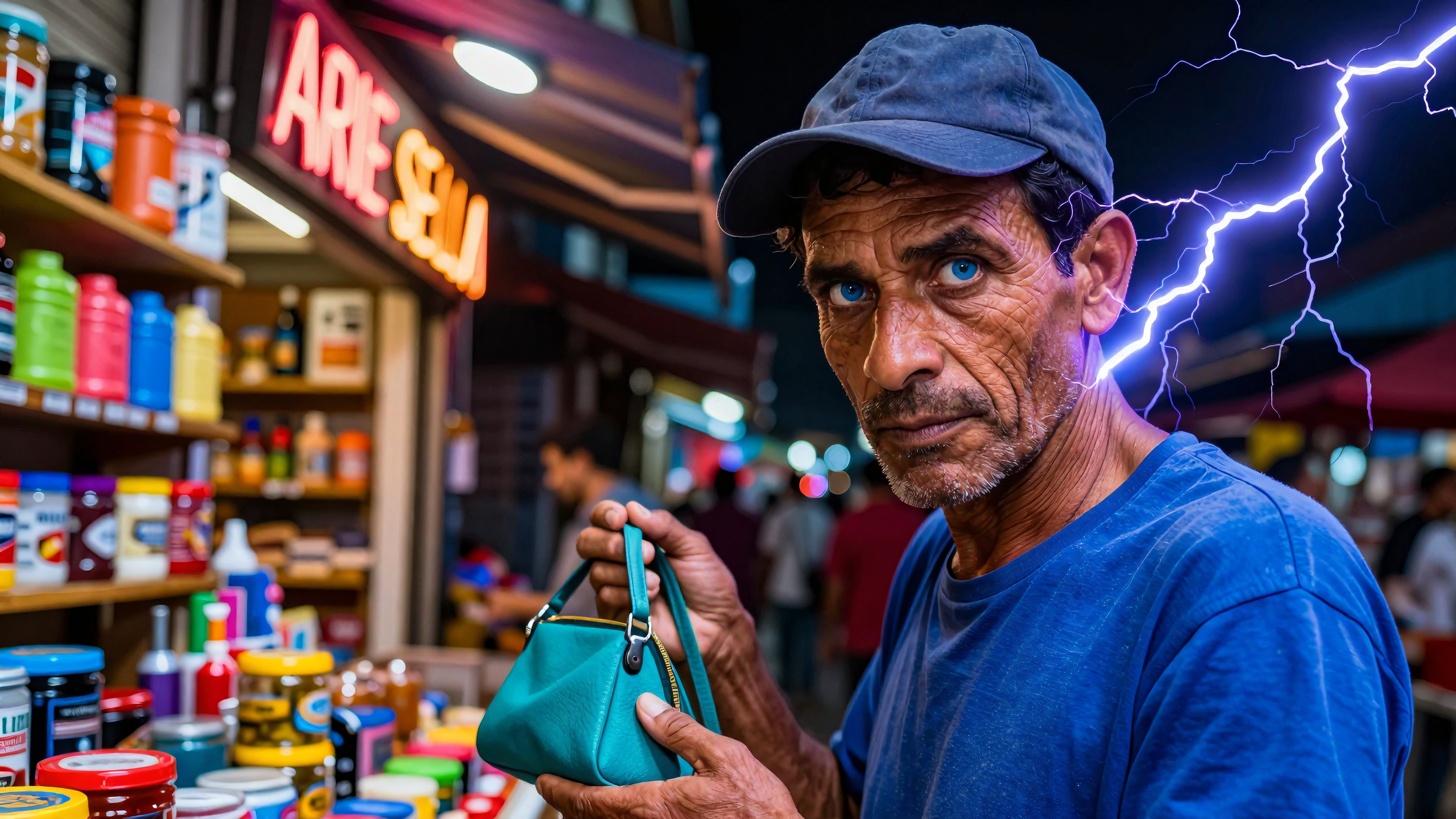 Elderly man holds teal handbag amid glowing market lit by dramatic lightning strike
