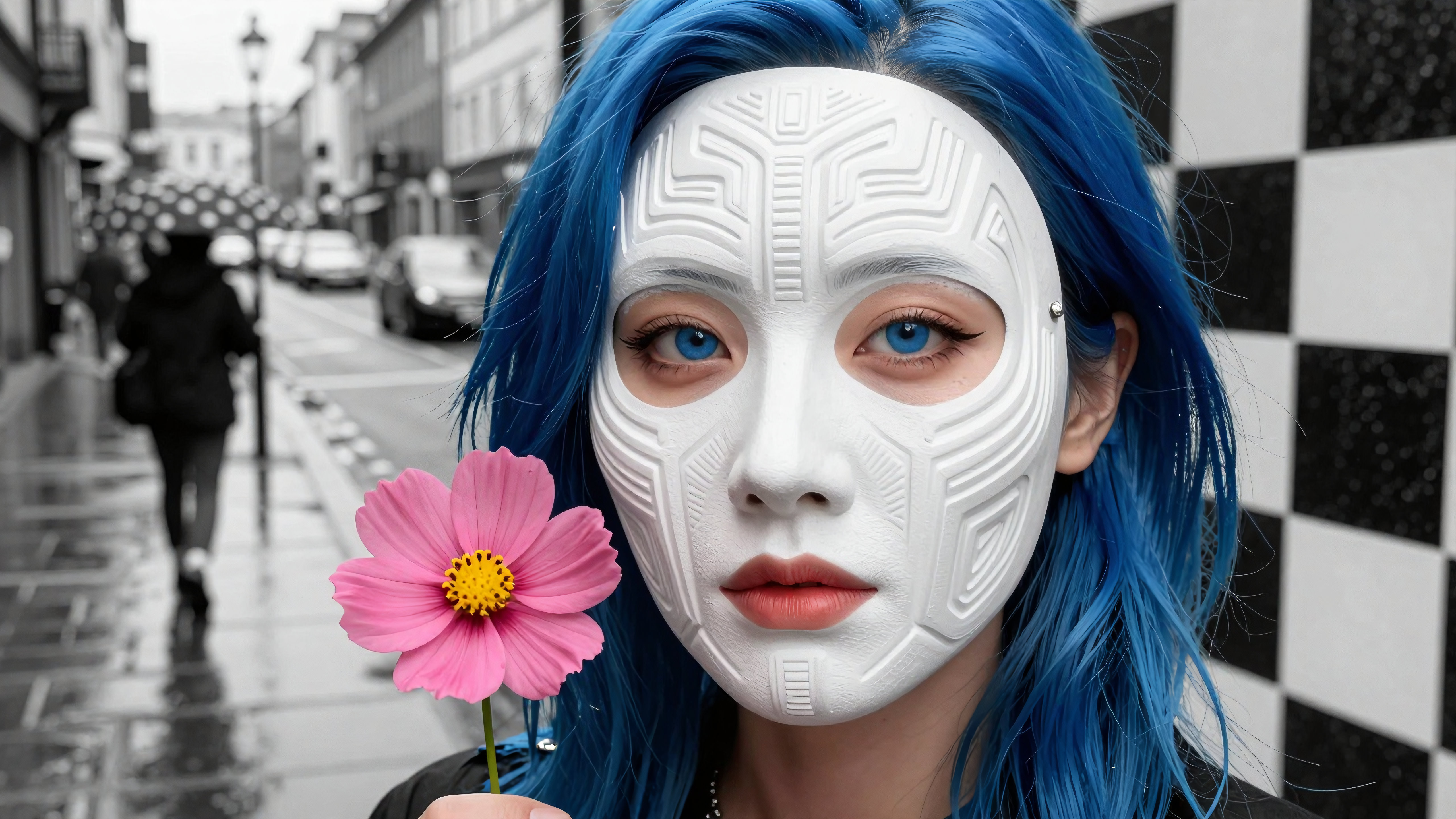 Woman wearing futuristic sun mask holding pink flower on rainy city street