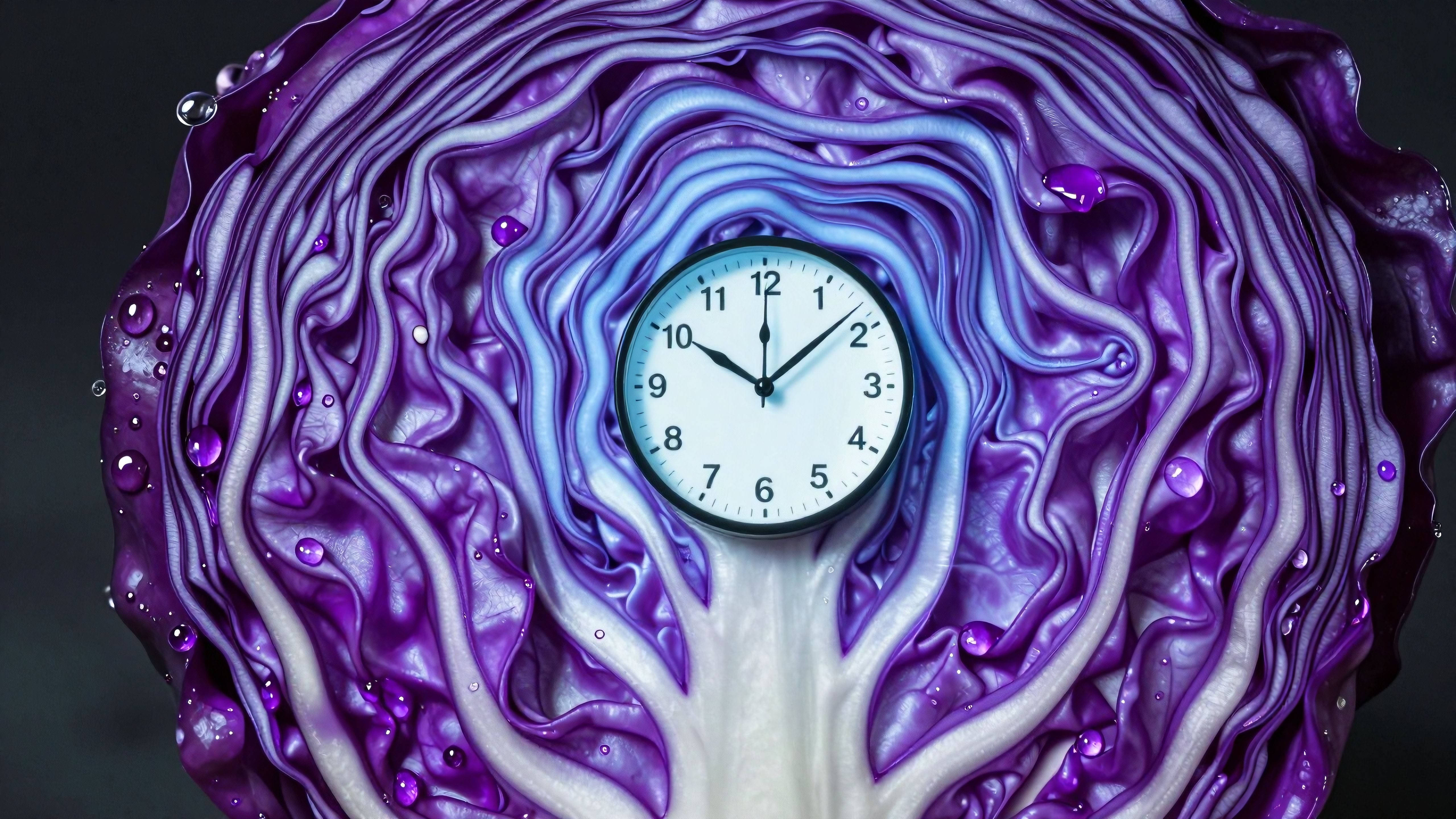 Clock inside purple cabbage surreal artistic photo