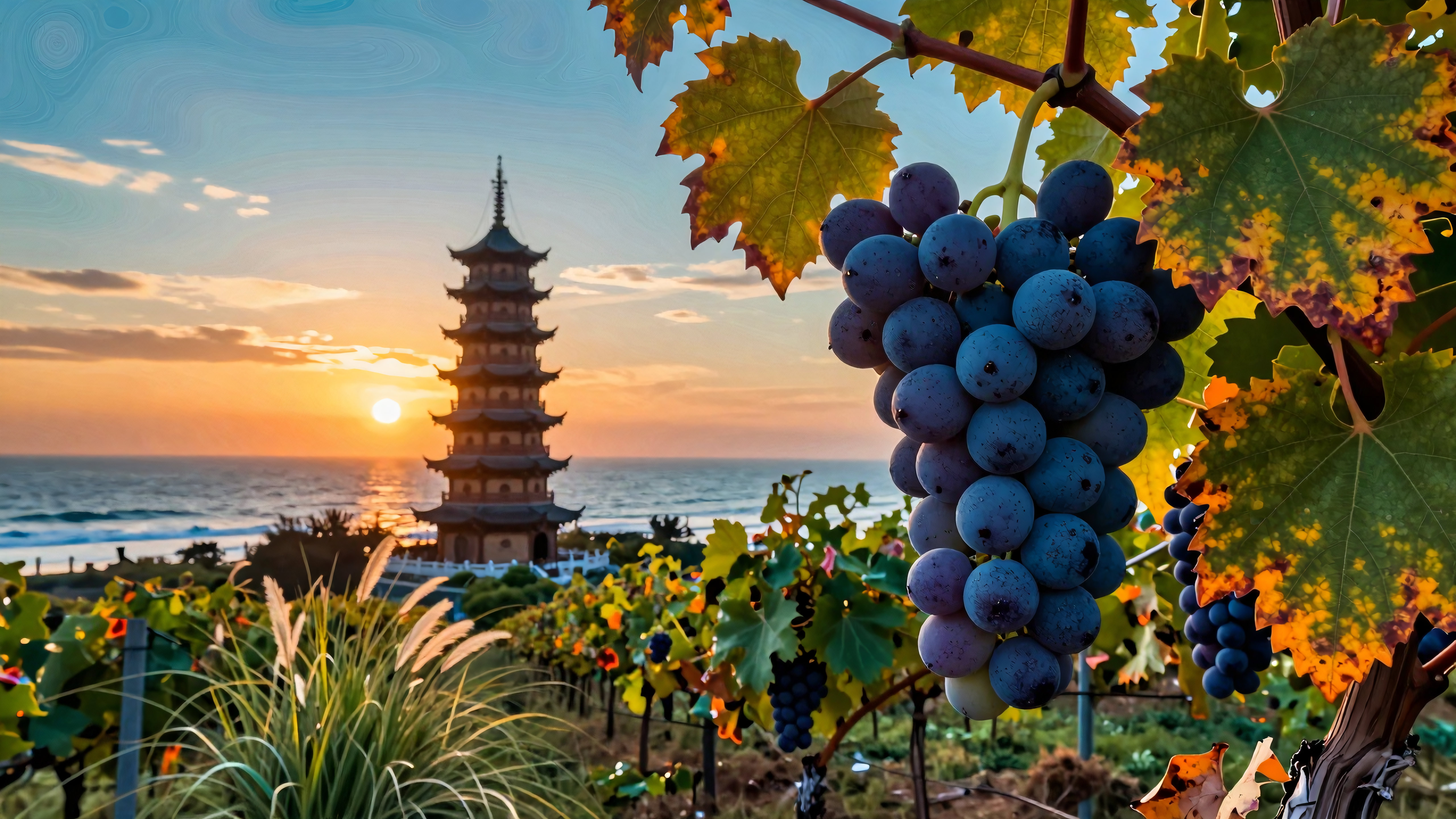Sunset Vineyard Landscape with Traditional Pagoda and Ocean Hori