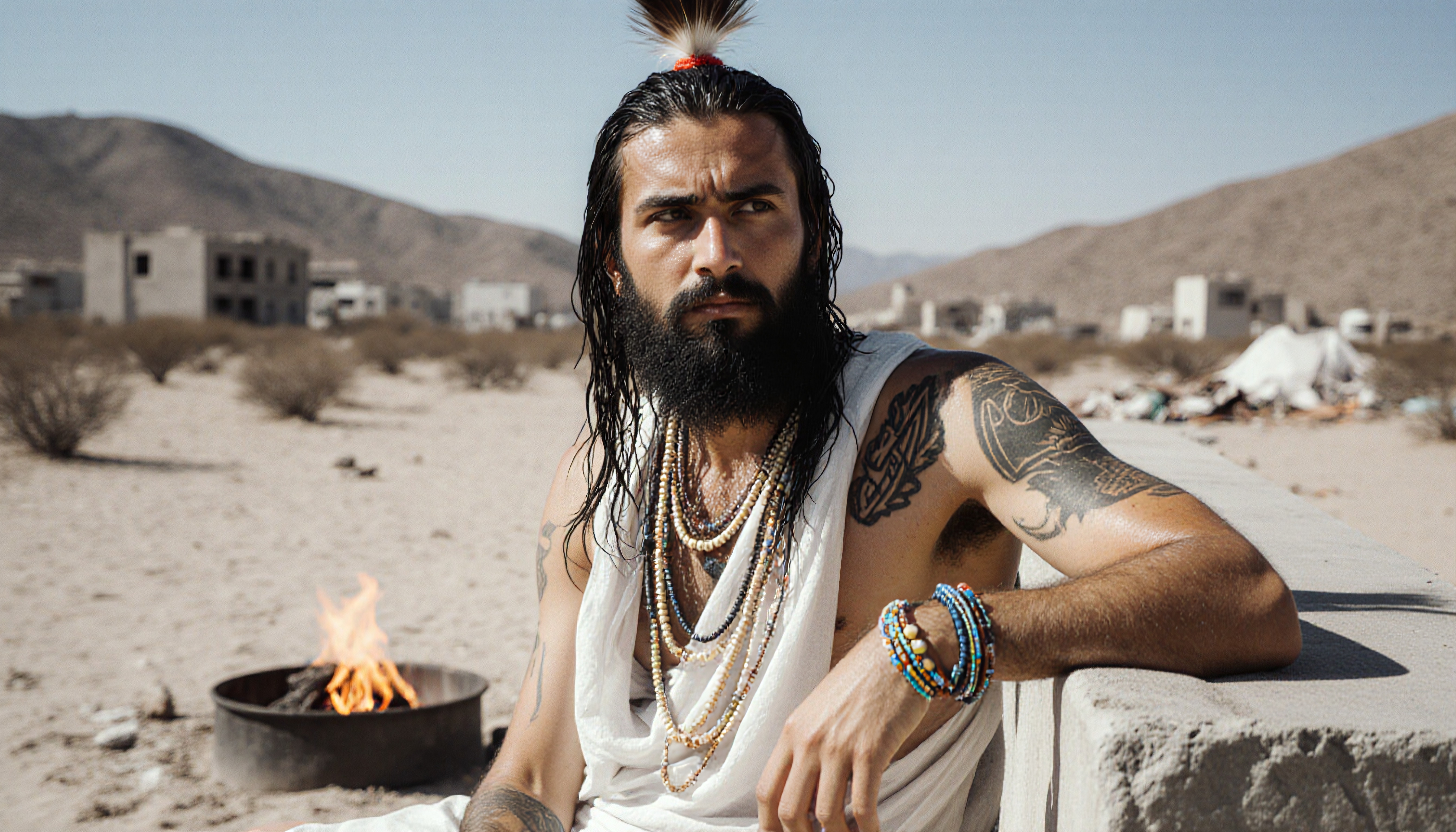 Bearded man in desert with colorful bead accessories.