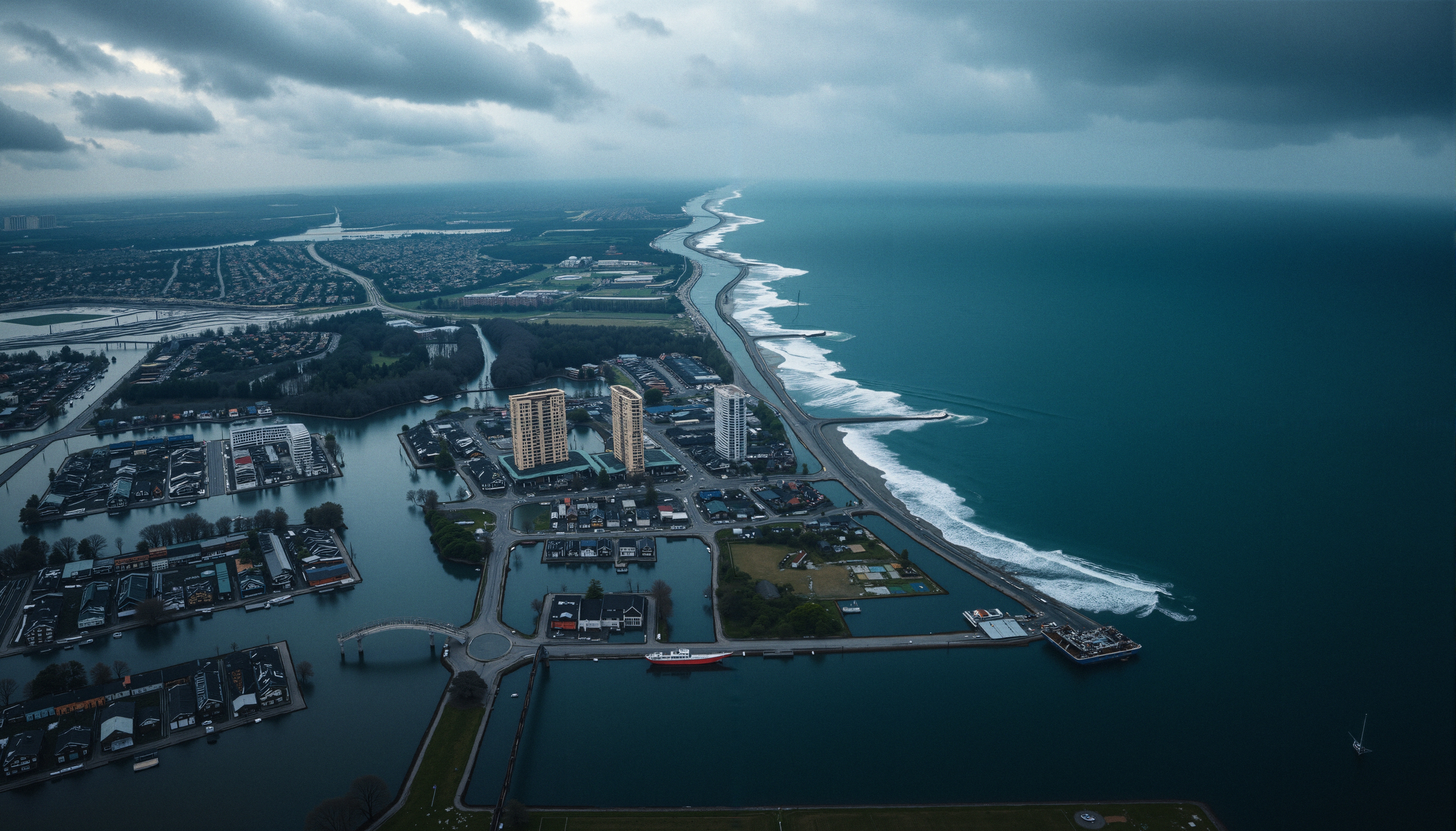 Aerial view of a coastal town with tall buildings, canals, and a dramatic ocean view.