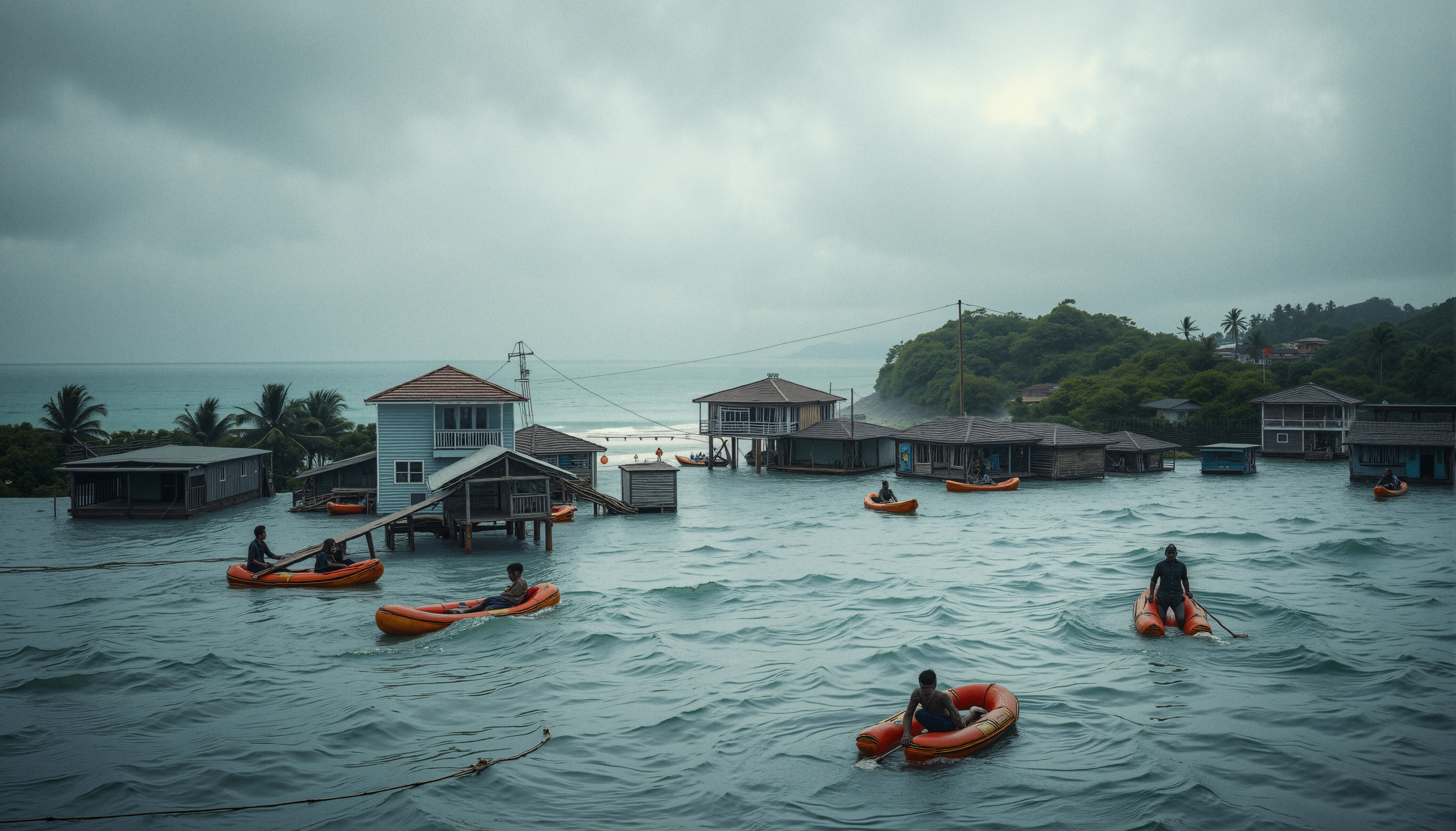 People navigate inflatable boats through a flooded residential area surrounded by stilt houses and palm trees.