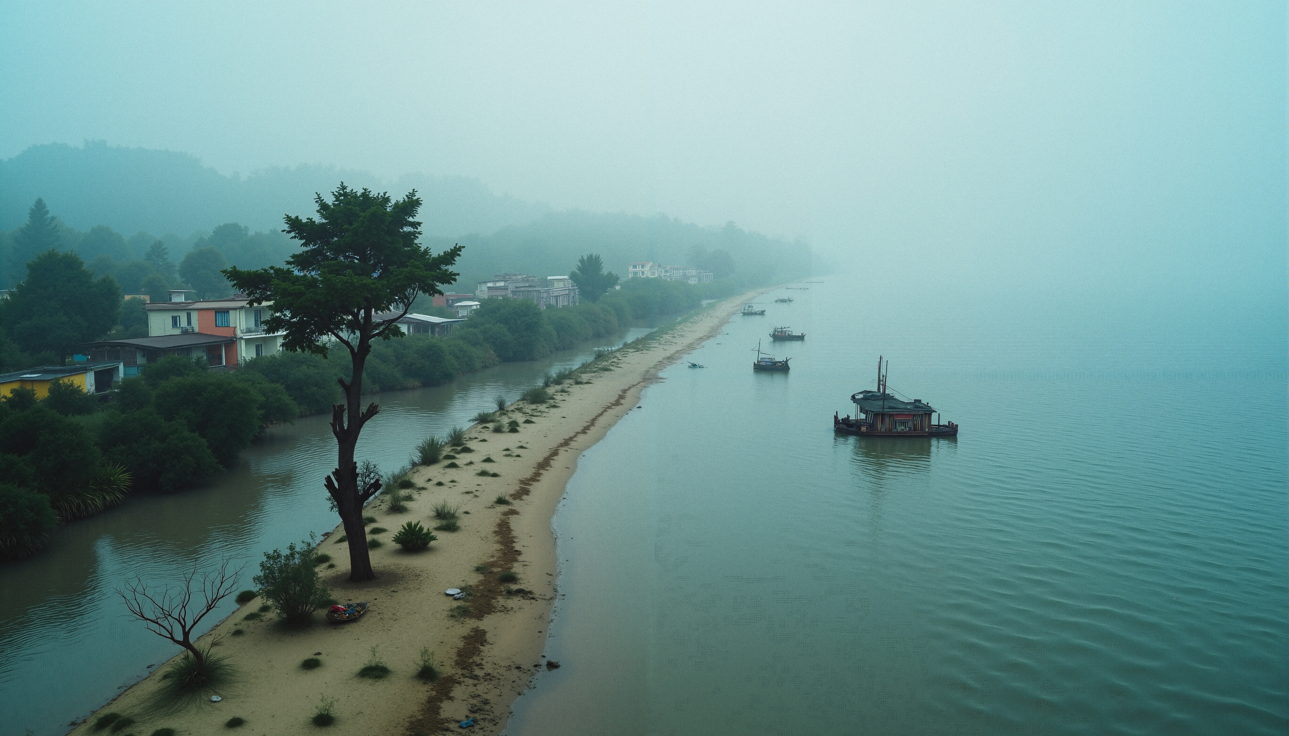 A serene, misty riverbank with calm waters, boats, and foliage.