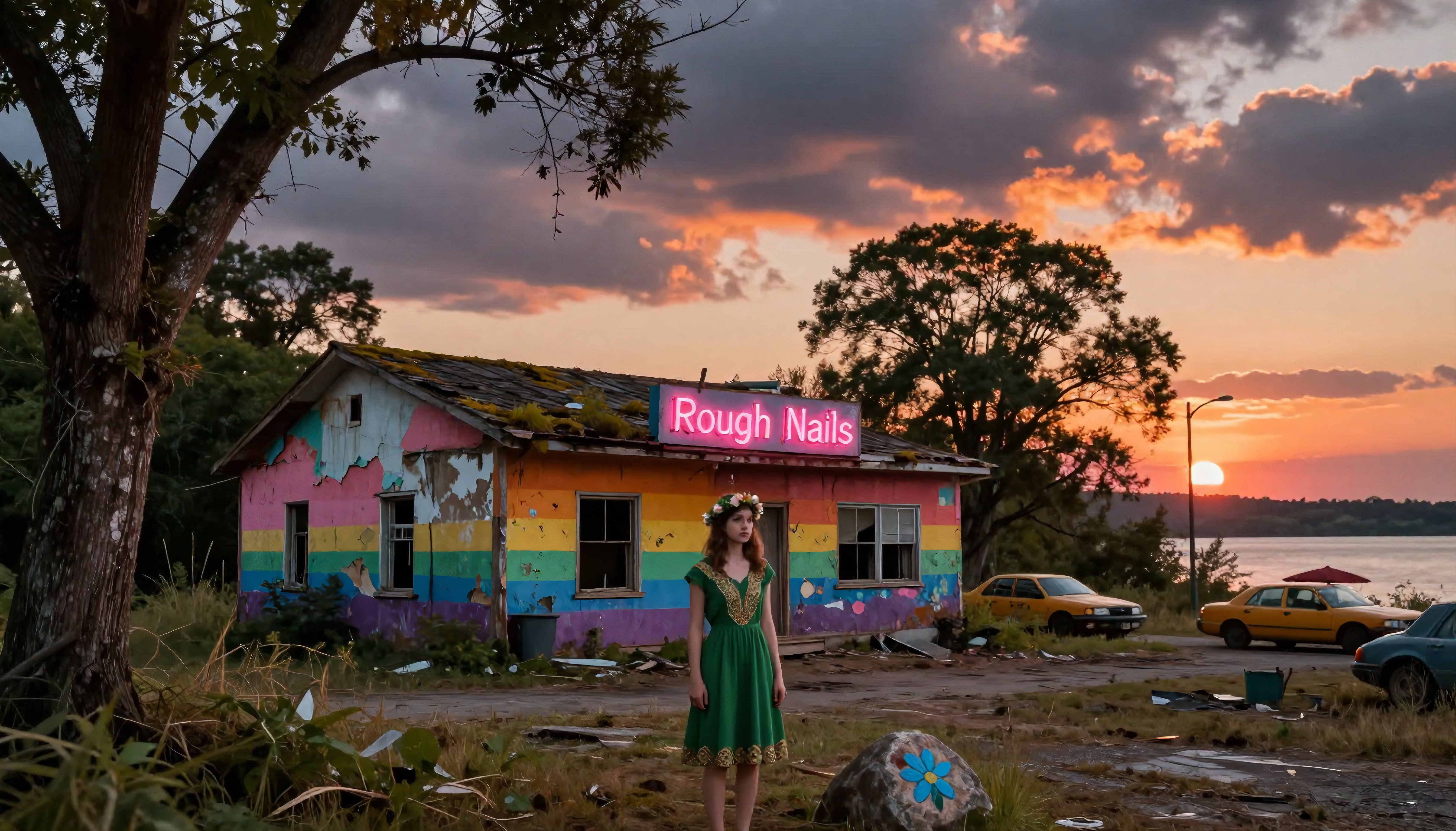 Colorful Abandoned Building with Sunset and Person