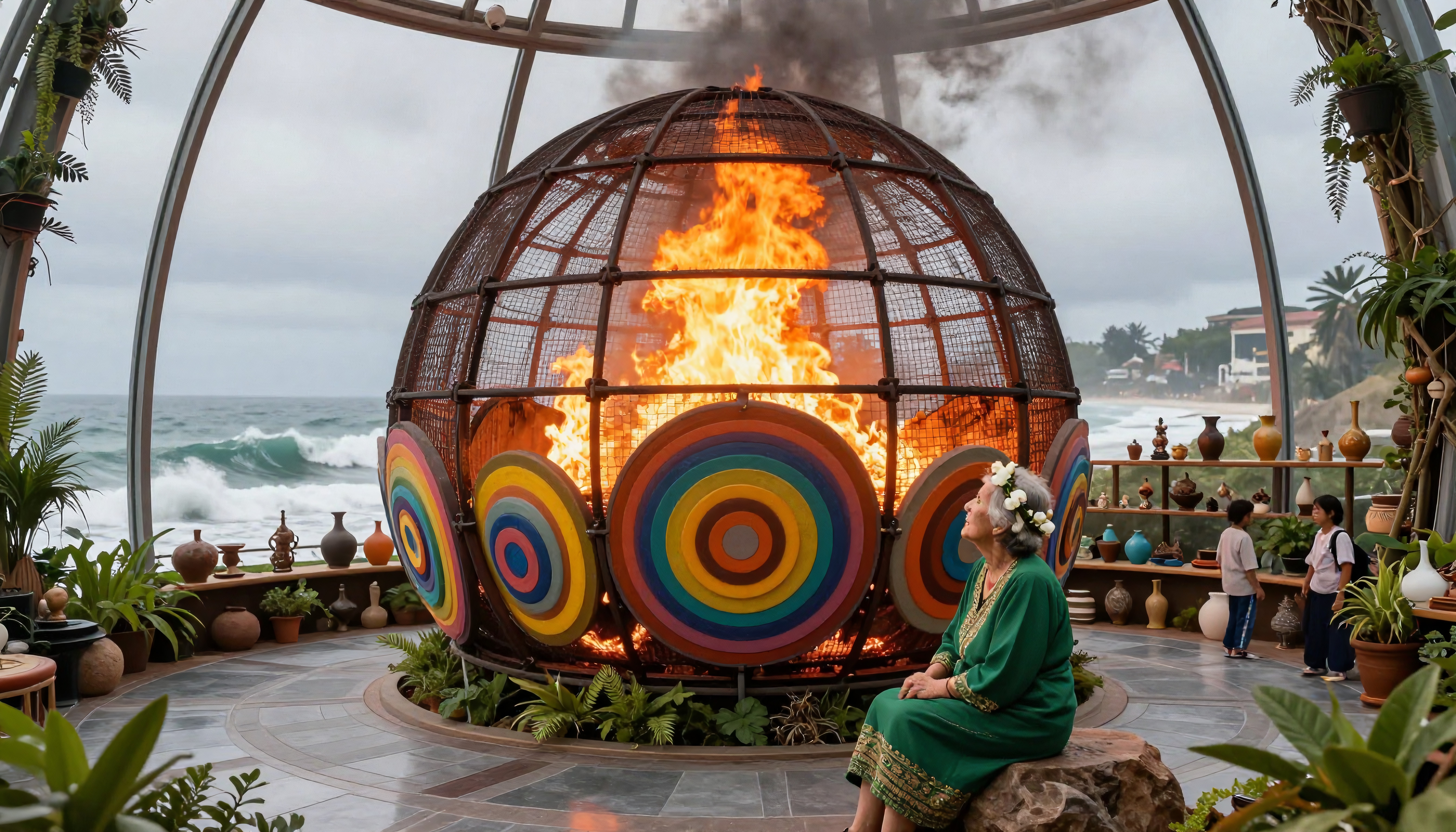 Vibrant installation with fiery globe by ocean.